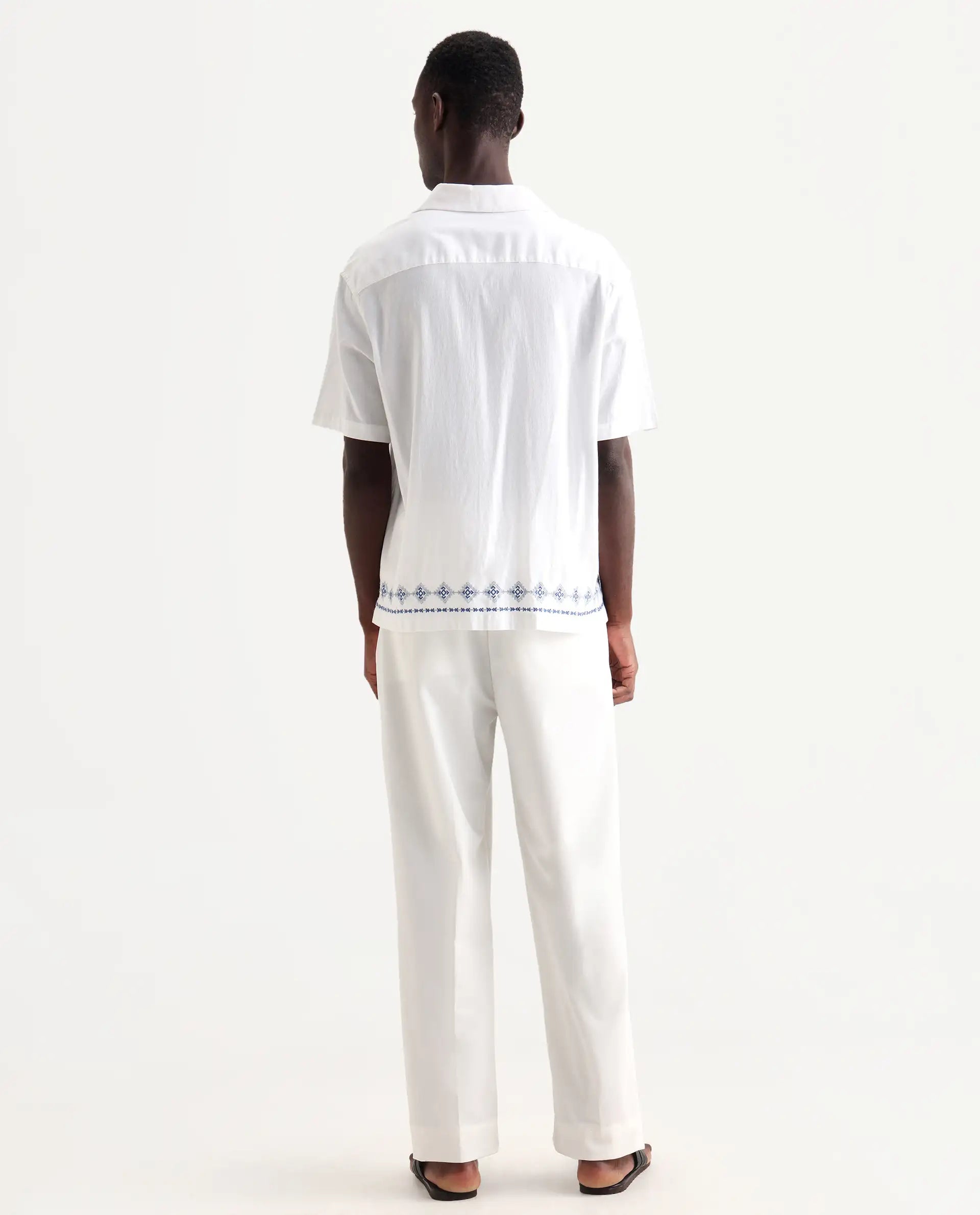 Rare Rabbit Men's Axie White Cotton Blend Plain Wide Leg Trouser