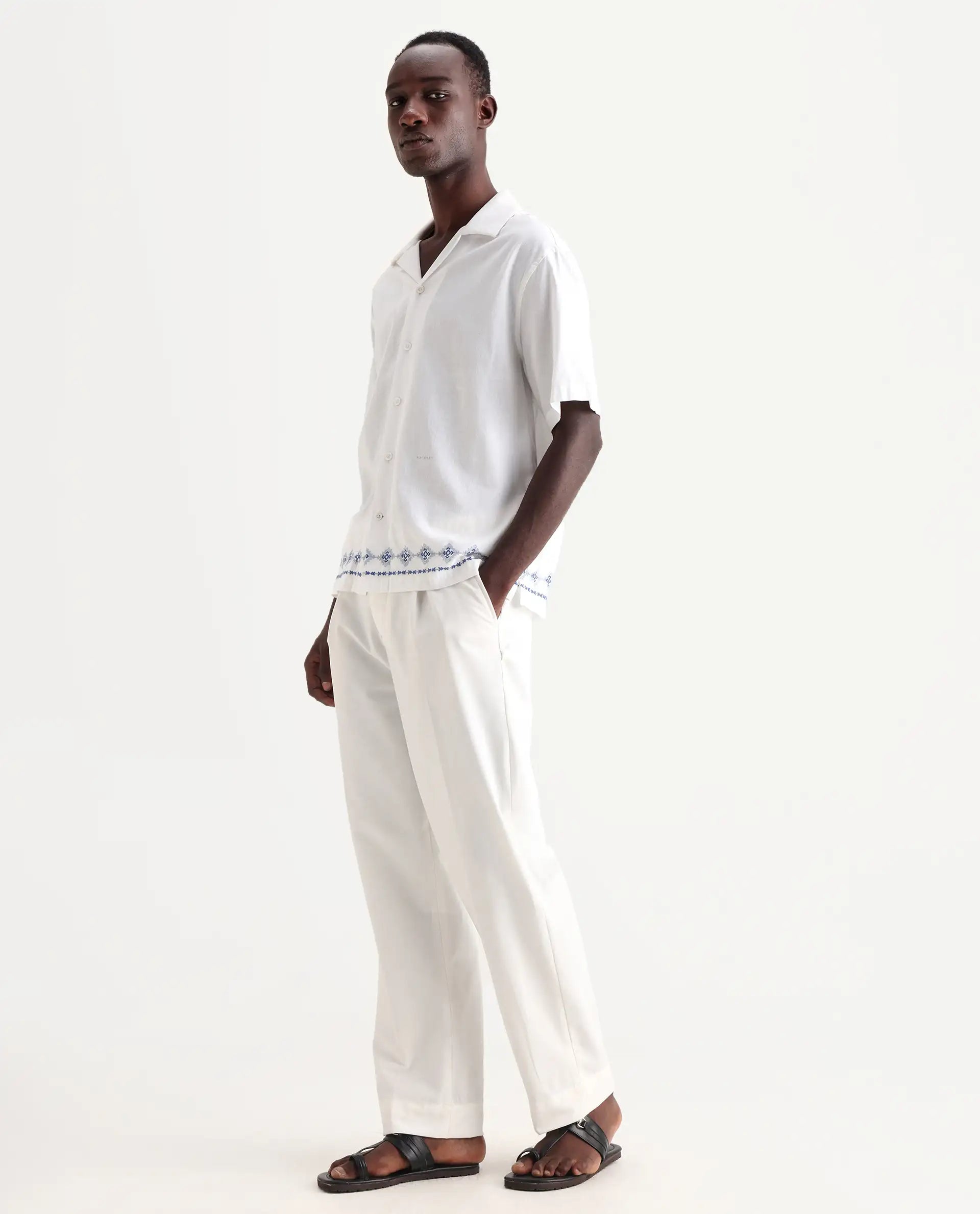 Rare Rabbit Men's Axie White Cotton Blend Plain Wide Leg Trouser