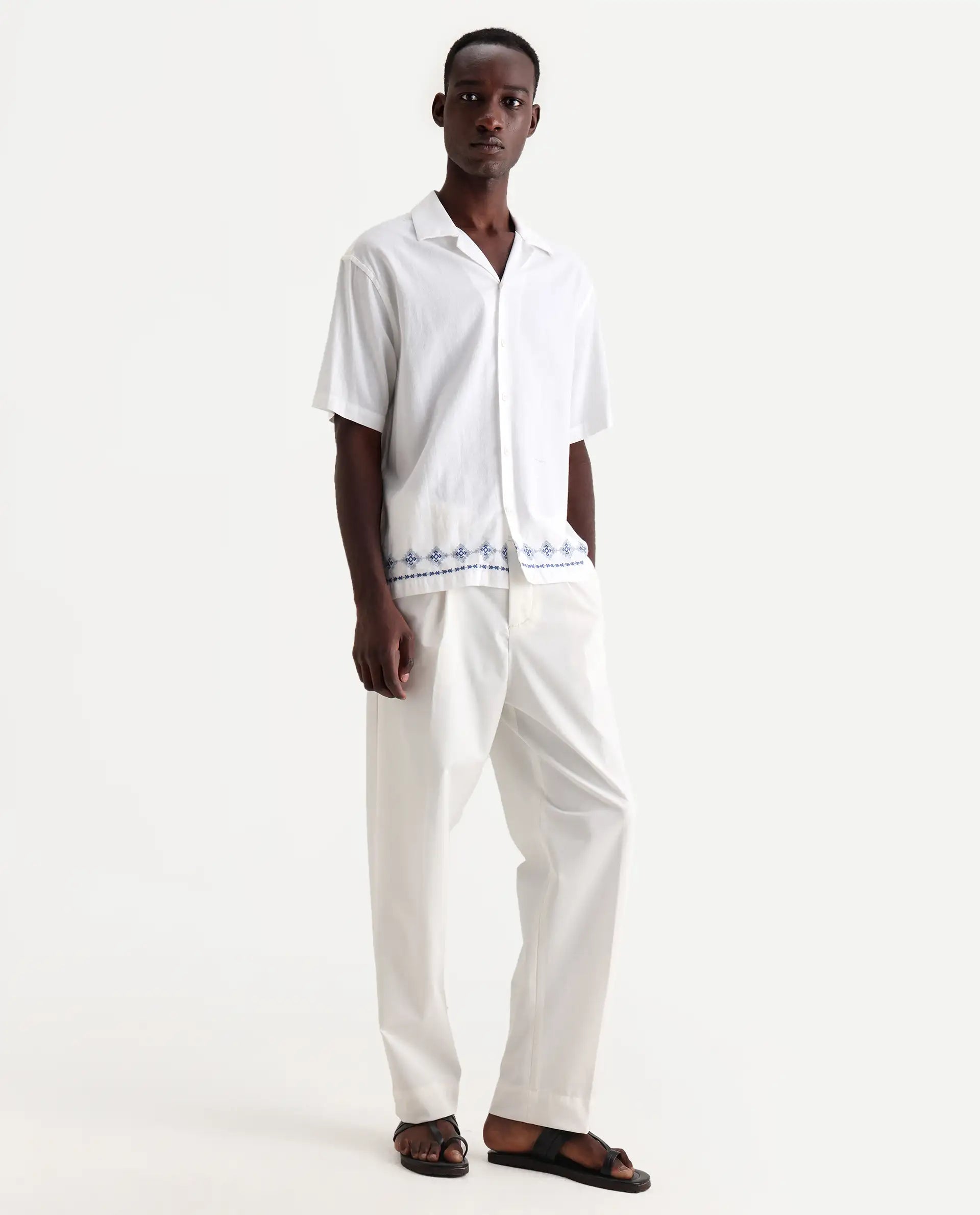 Rare Rabbit Men's Axie White Cotton Blend Plain Wide Leg Trouser