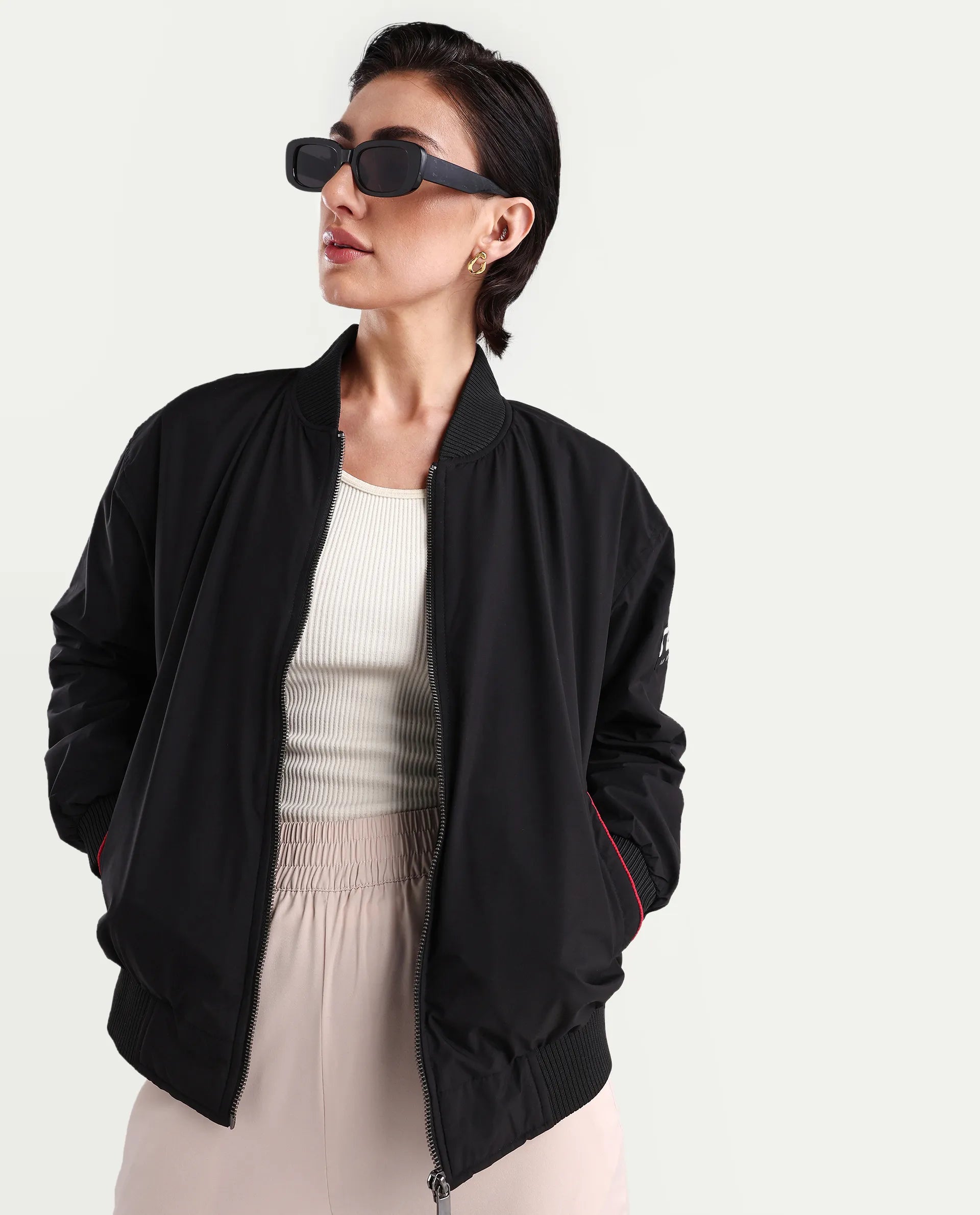 Rareism Women's Axley Black Polyester High Neck Printed Relaxed Fit Jacket