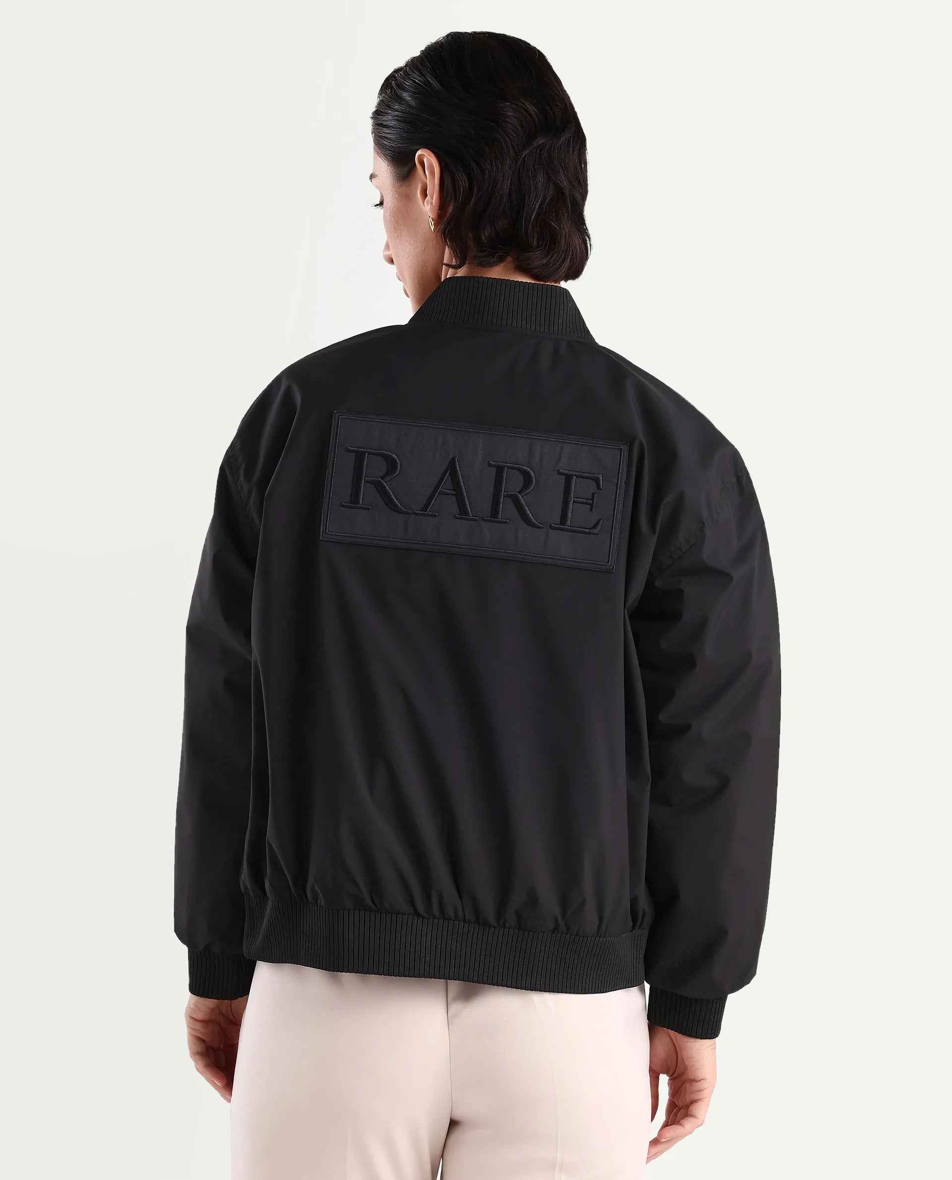 Rareism Women's Axley Black Polyester High Neck Printed Relaxed Fit Jacket