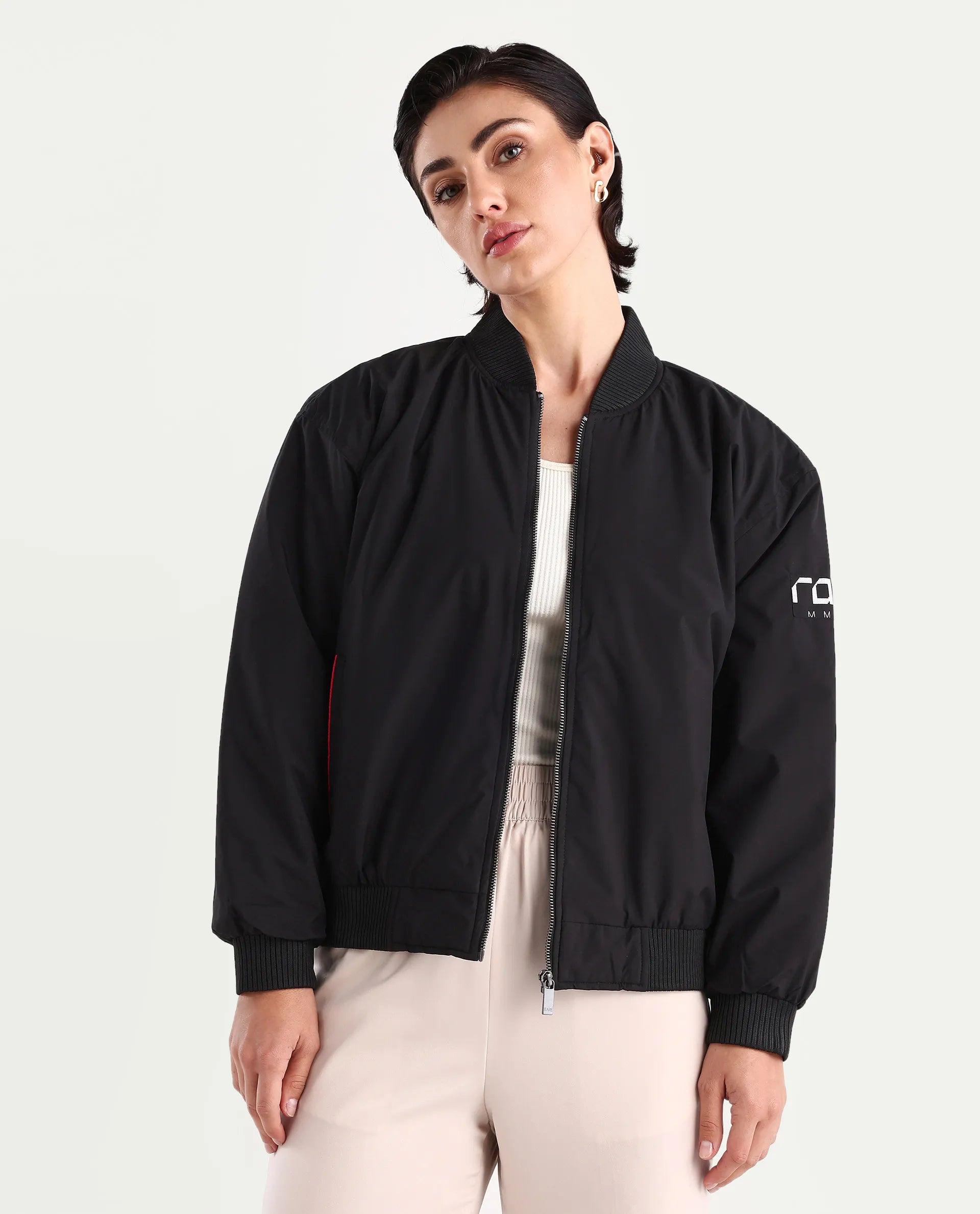 Rareism Women's Axley Black Polyester High Neck Printed Relaxed Fit Jacket