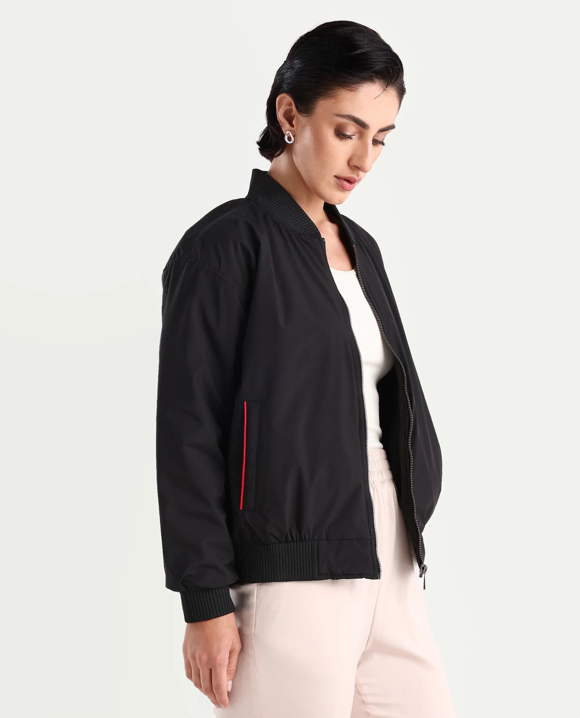 Rareism Women's Axley Black Polyester High Neck Printed Relaxed Fit Jacket