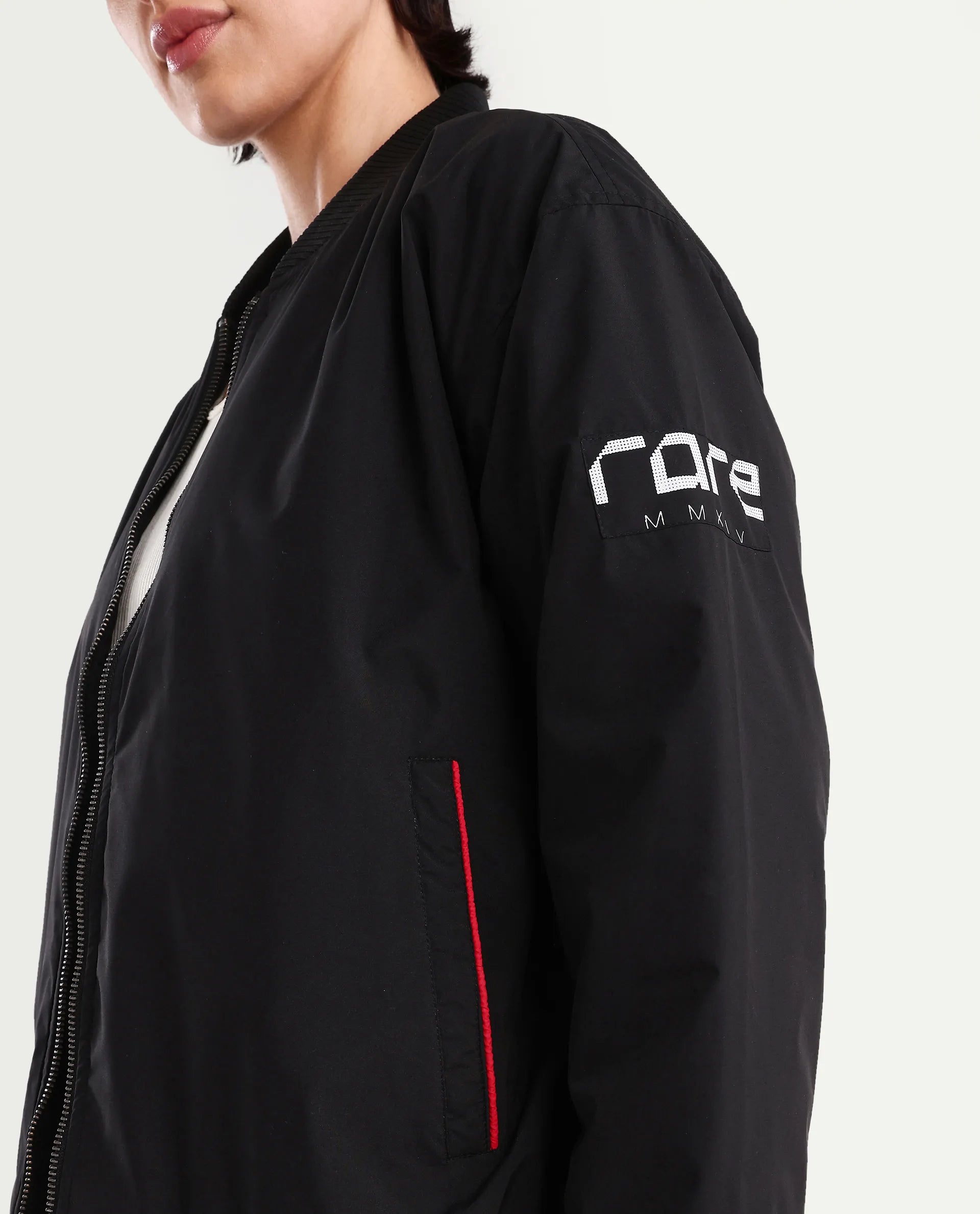 Rareism Women's Axley Black Polyester High Neck Printed Relaxed Fit Jacket