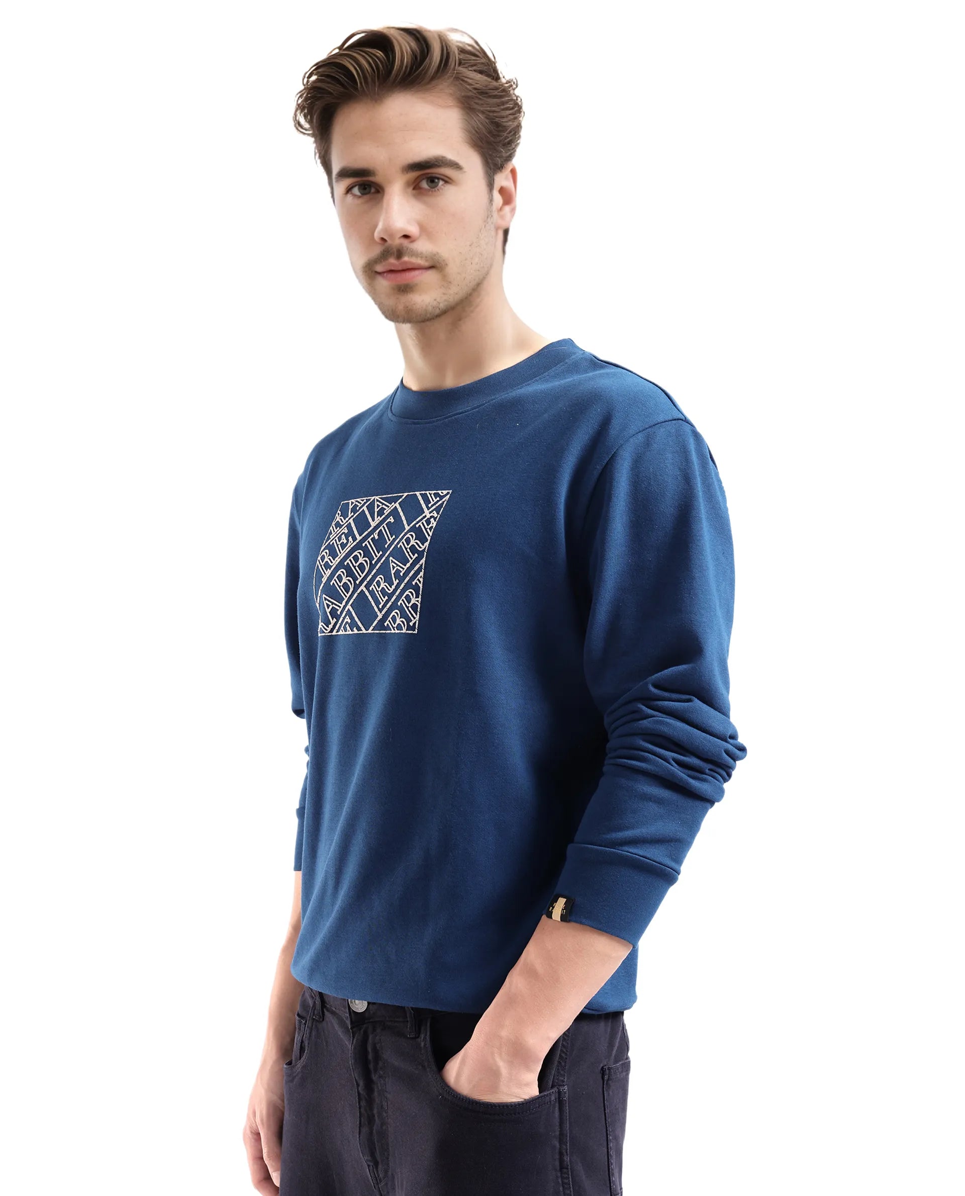 Rare Rabbit Men's Axton Dark Blue Cotton Blend Fabric Full Sleeve Crew Neck Regular Fit HD Print Sweatshirt