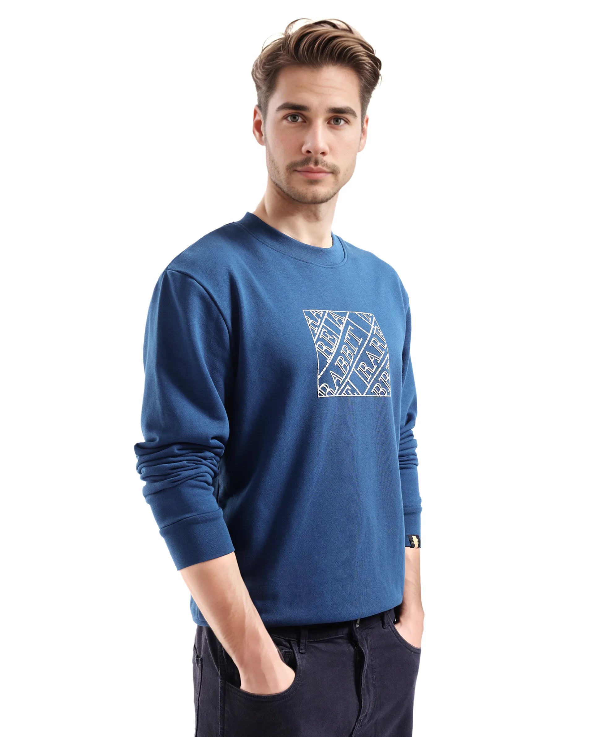 Rare Rabbit Men's Axton Dark Blue Cotton Blend Fabric Full Sleeve Crew Neck Regular Fit HD Print Sweatshirt