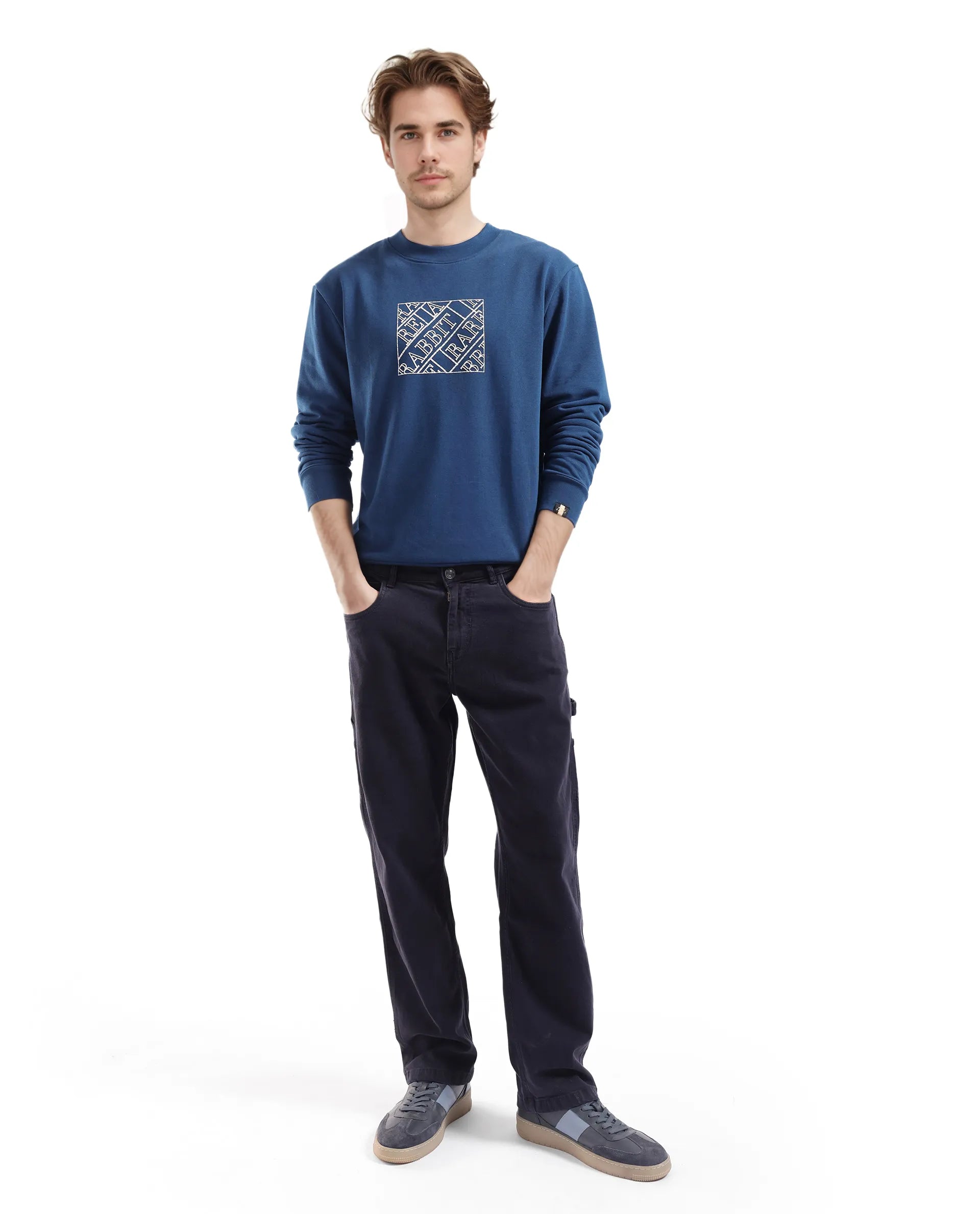 Rare Rabbit Men's Axton Dark Blue Cotton Blend Fabric Full Sleeve Crew Neck Regular Fit HD Print Sweatshirt
