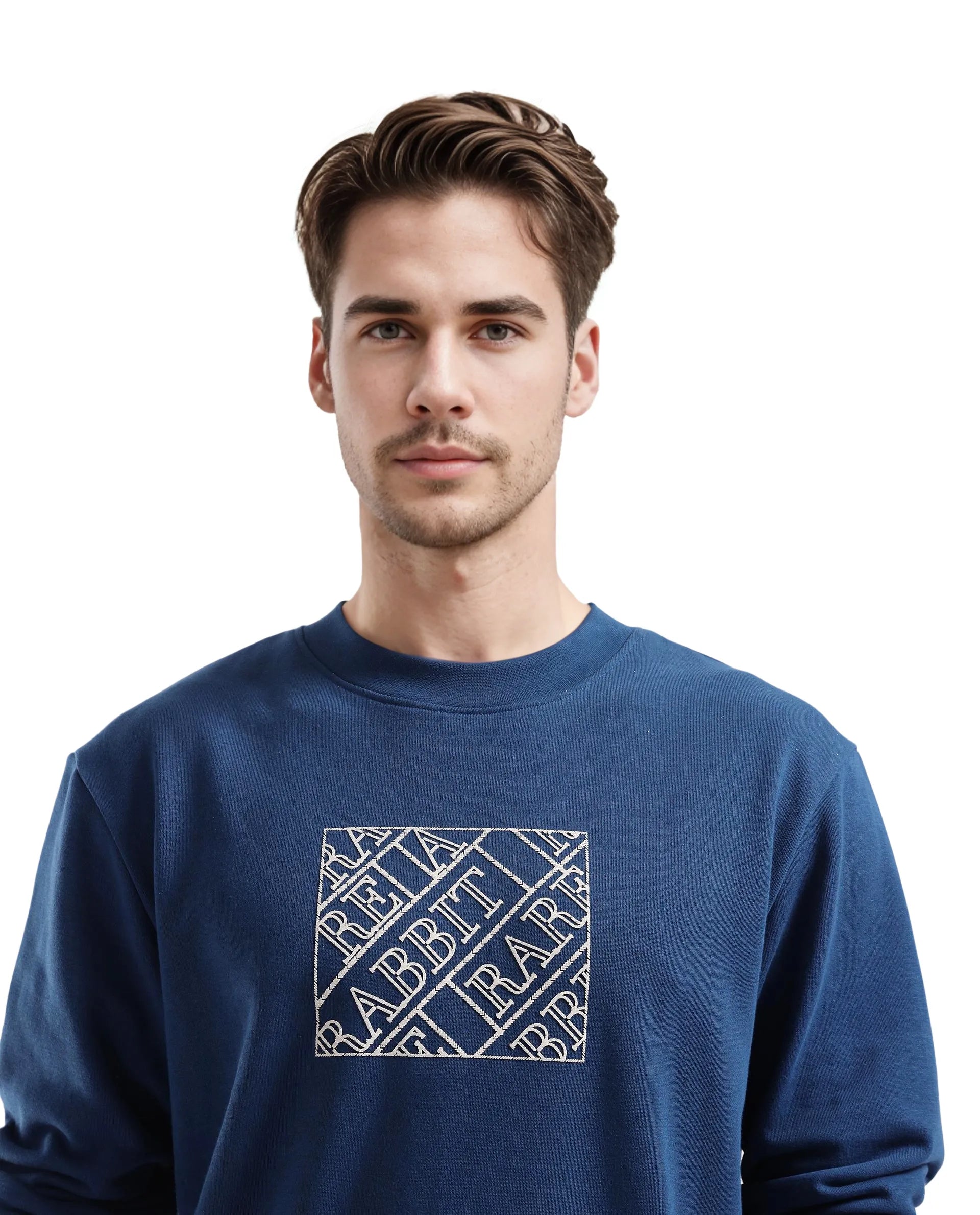 Rare Rabbit Men's Axton Dark Blue Cotton Blend Fabric Full Sleeve Crew Neck Regular Fit HD Print Sweatshirt