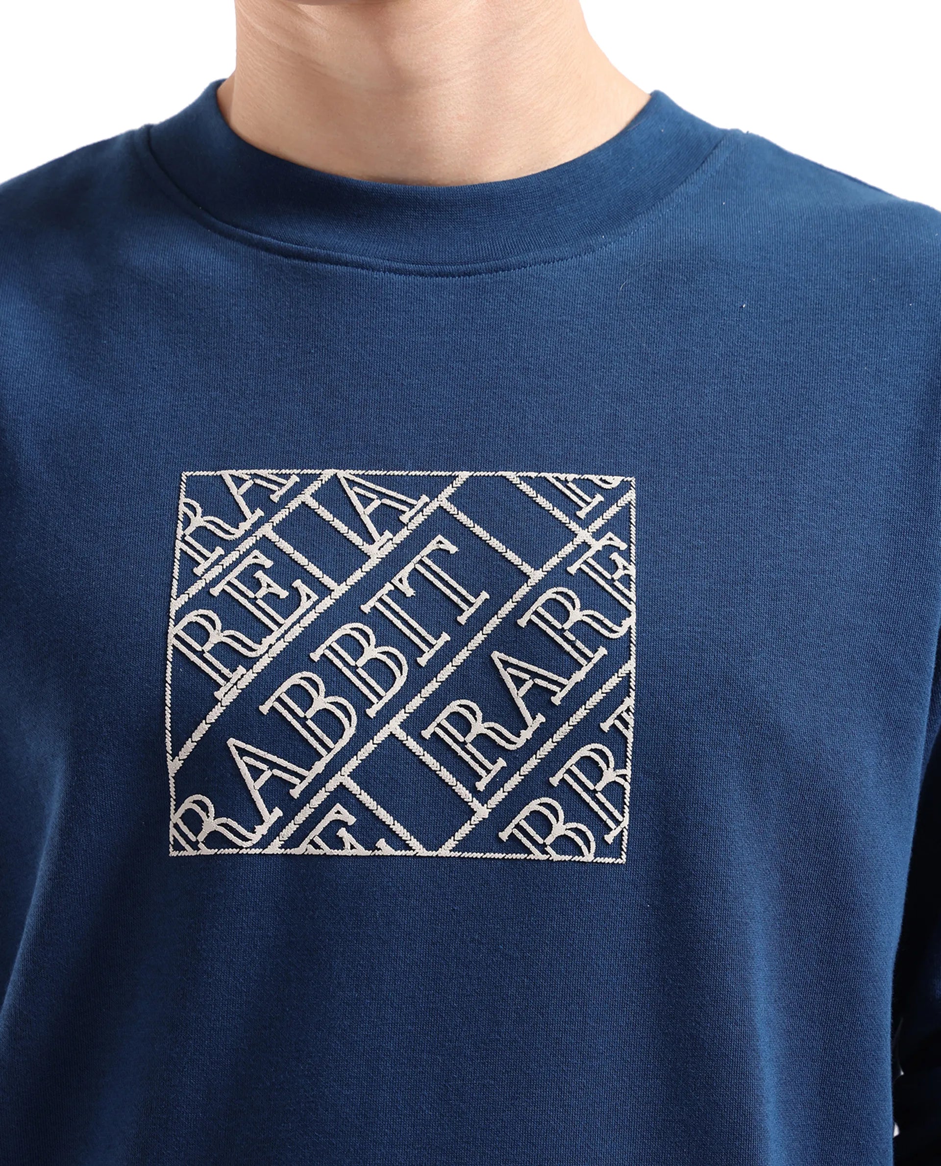 Rare Rabbit Men's Axton Dark Blue Cotton Blend Fabric Full Sleeve Crew Neck Regular Fit HD Print Sweatshirt