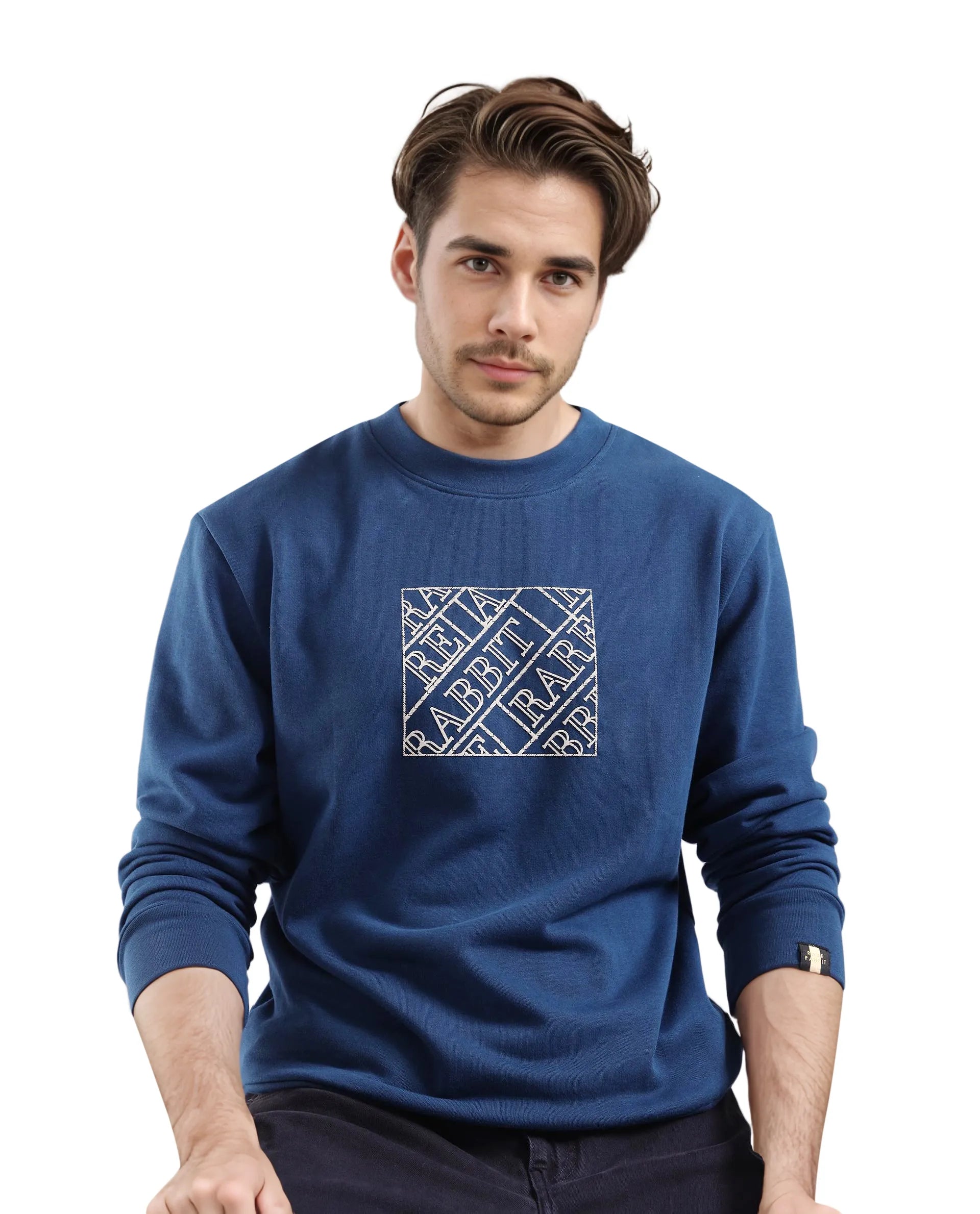 Rare Rabbit Men's Axton Dark Blue Cotton Blend Fabric Full Sleeve Crew Neck Regular Fit HD Print Sweatshirt