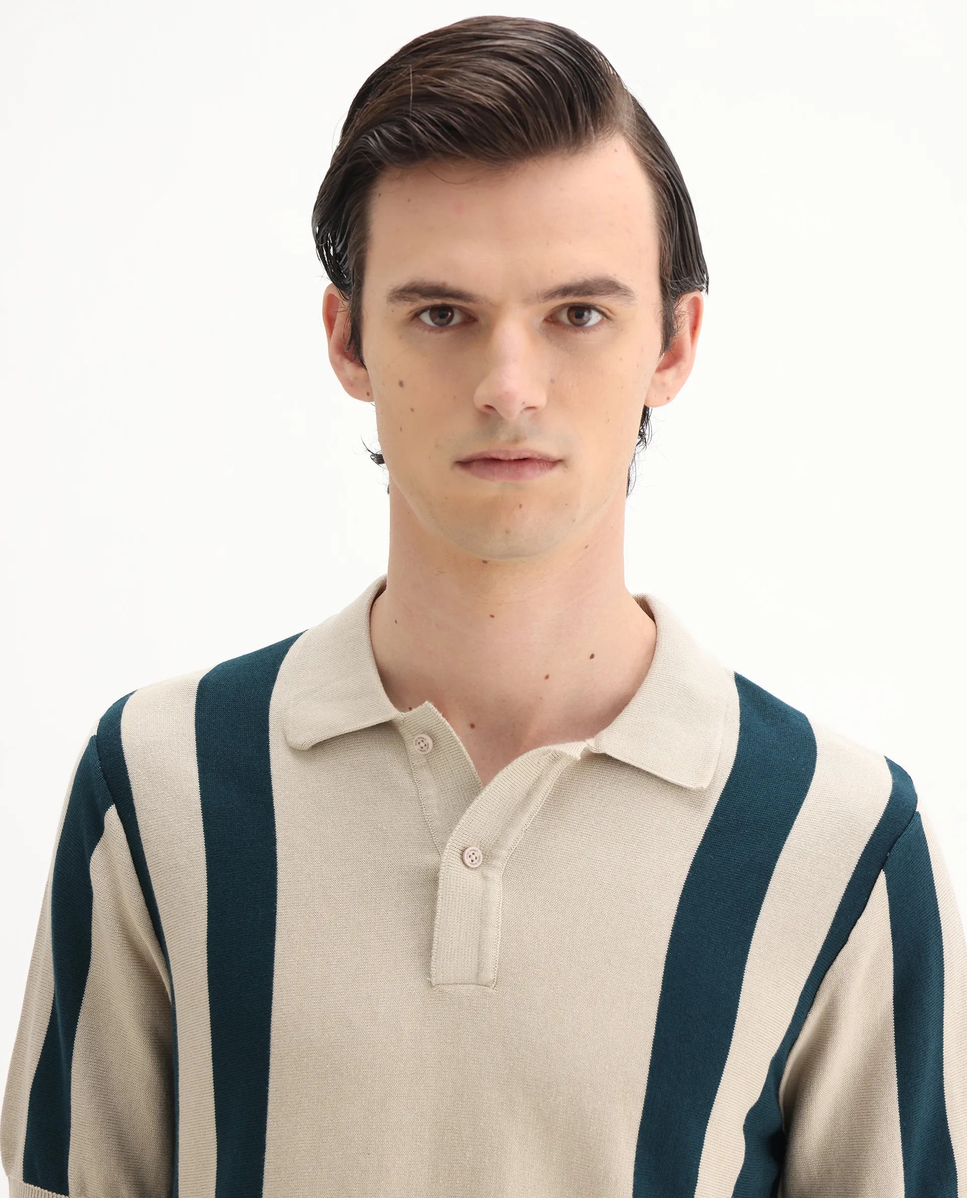 Rare Rabbit Men's Axton Light Beige Cotton Striped Print Regular Fit Half Sleeve Polo