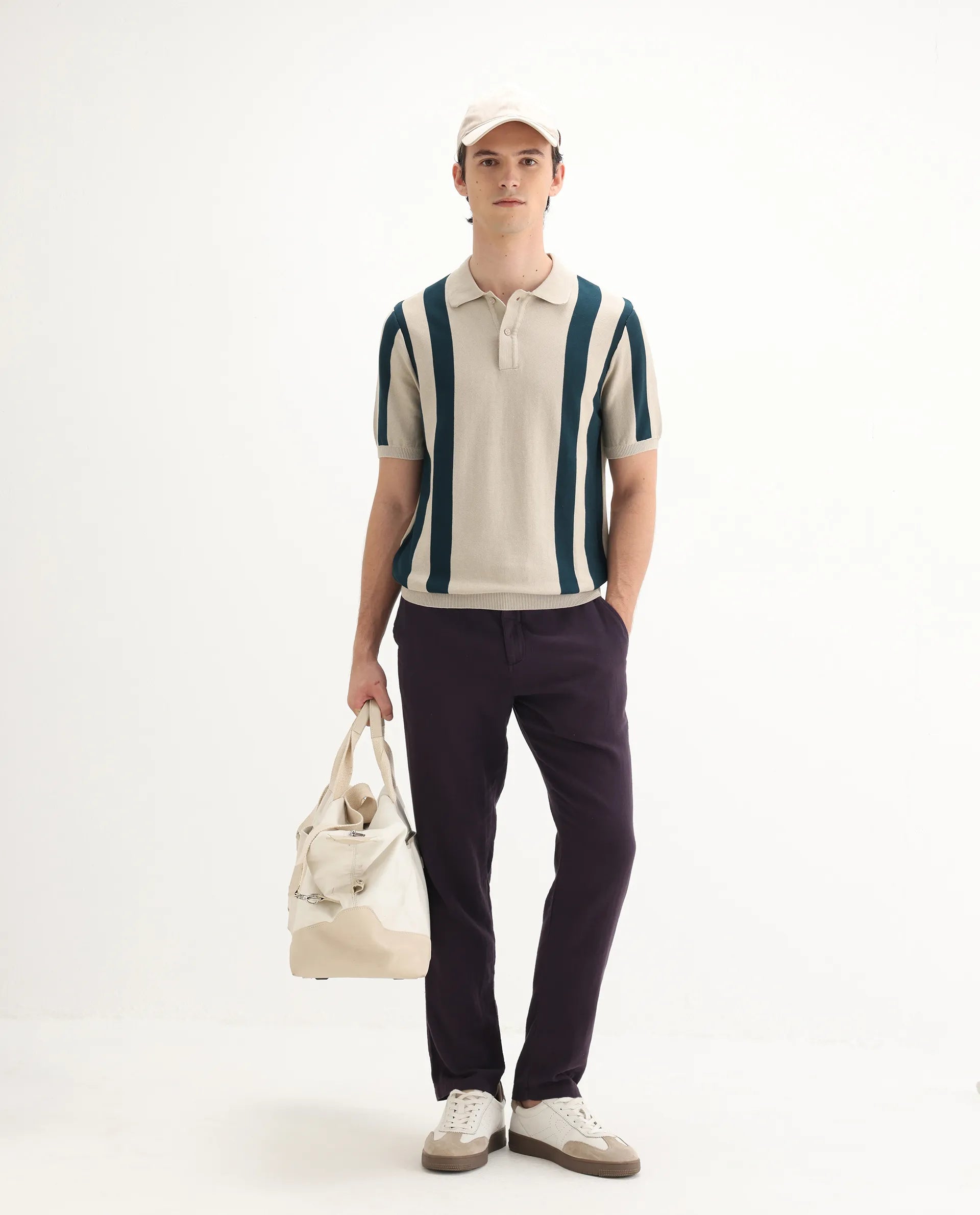 Rare Rabbit Men's Axton Light Beige Cotton Striped Print Regular Fit Half Sleeve Polo