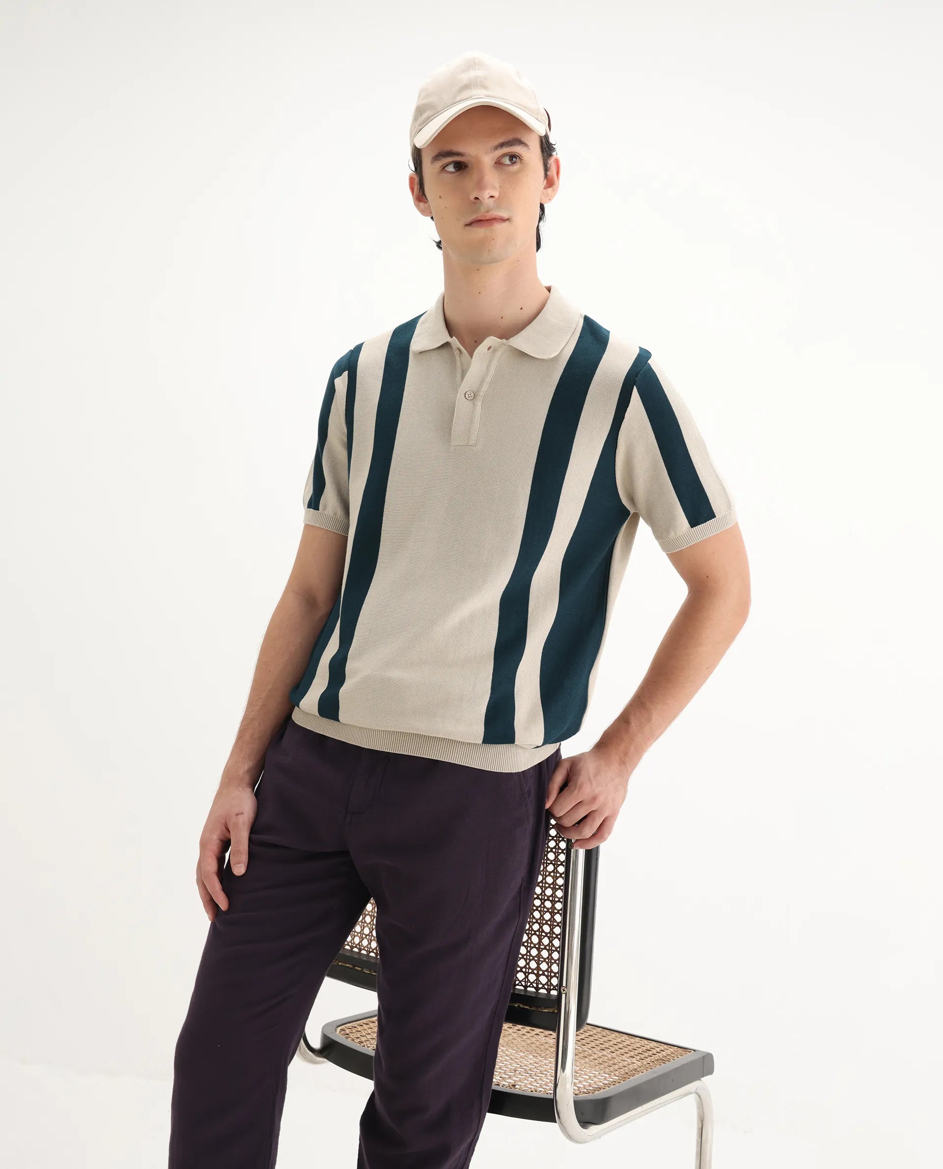 Rare Rabbit Men's Axton Light Beige Cotton Striped Print Regular Fit Half Sleeve Polo