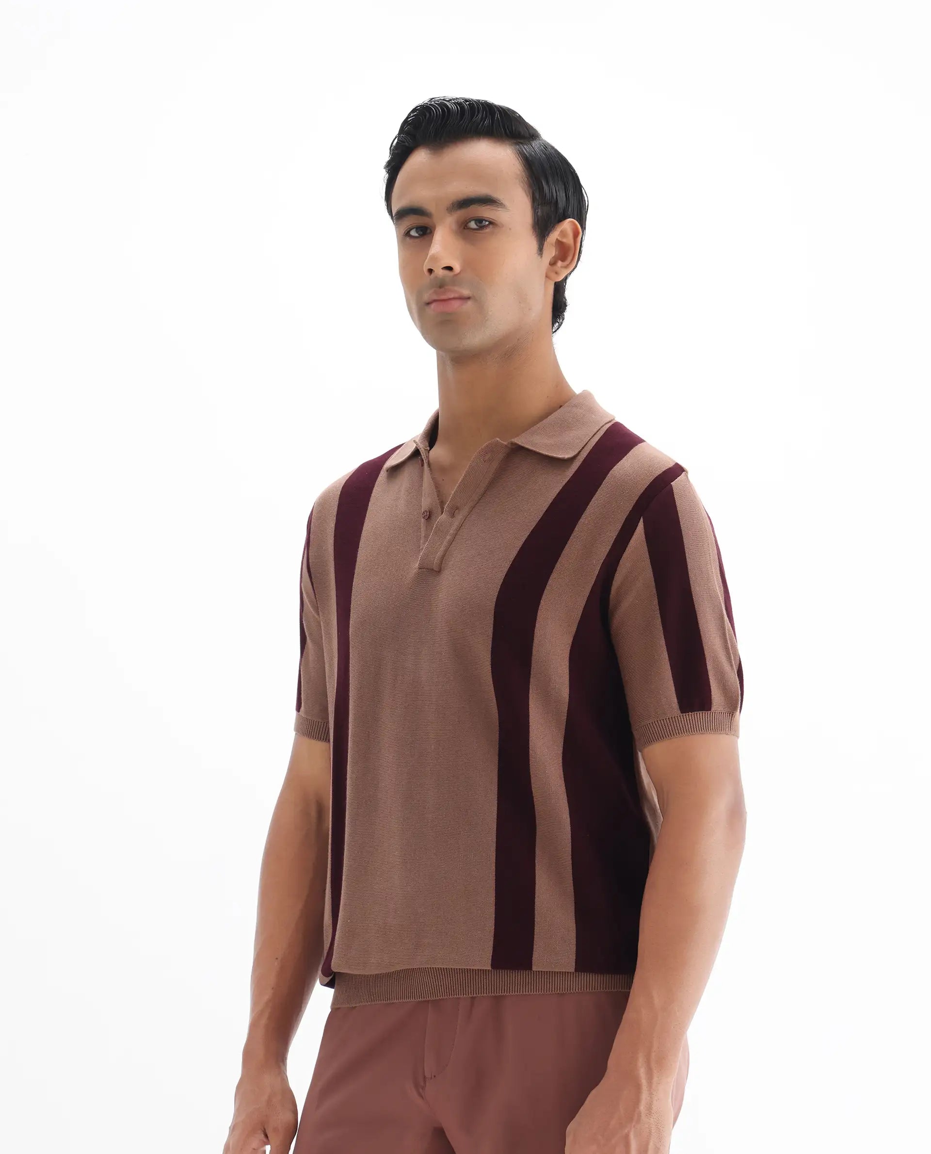 Rare Rabbit Men's Axton Light Brown Cotton Striped Print Regular Fit Half Sleeve Polo