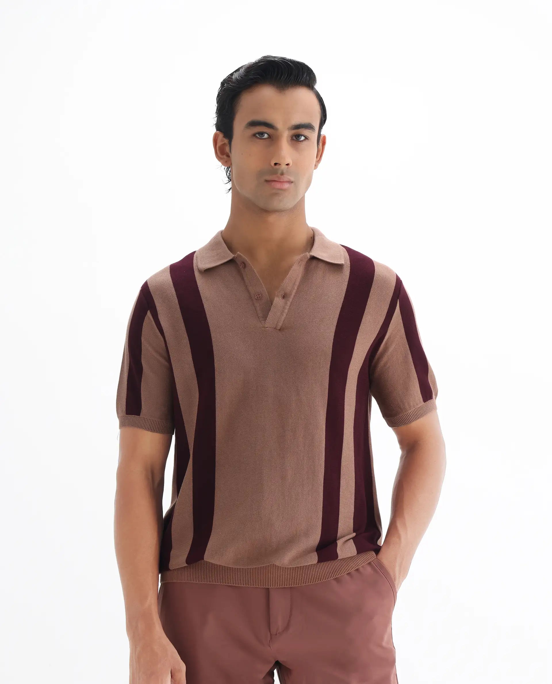 Rare Rabbit Men's Axton Light Brown Cotton Striped Print Regular Fit Half Sleeve Polo