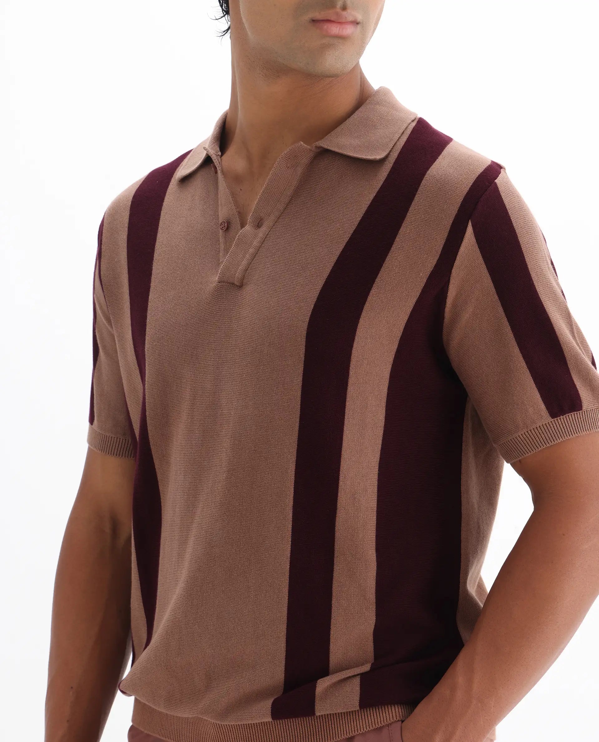 Rare Rabbit Men's Axton Light Brown Cotton Striped Print Regular Fit Half Sleeve Polo