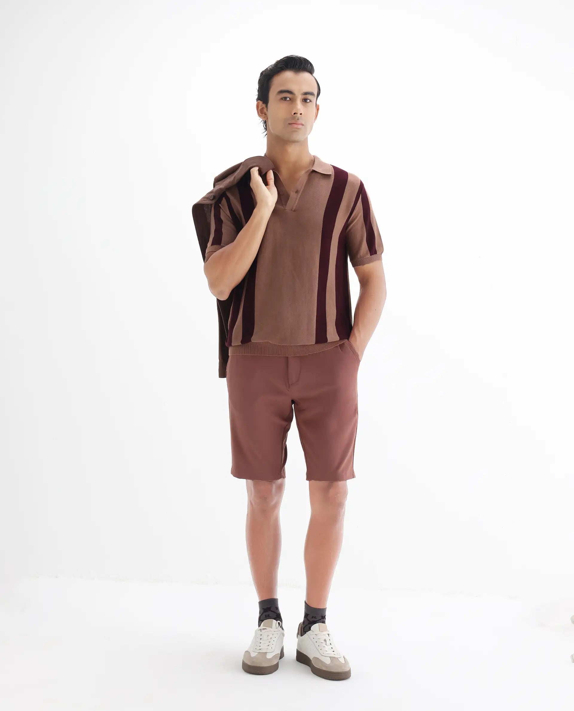 Rare Rabbit Men's Axton Light Brown Cotton Striped Print Regular Fit Half Sleeve Polo