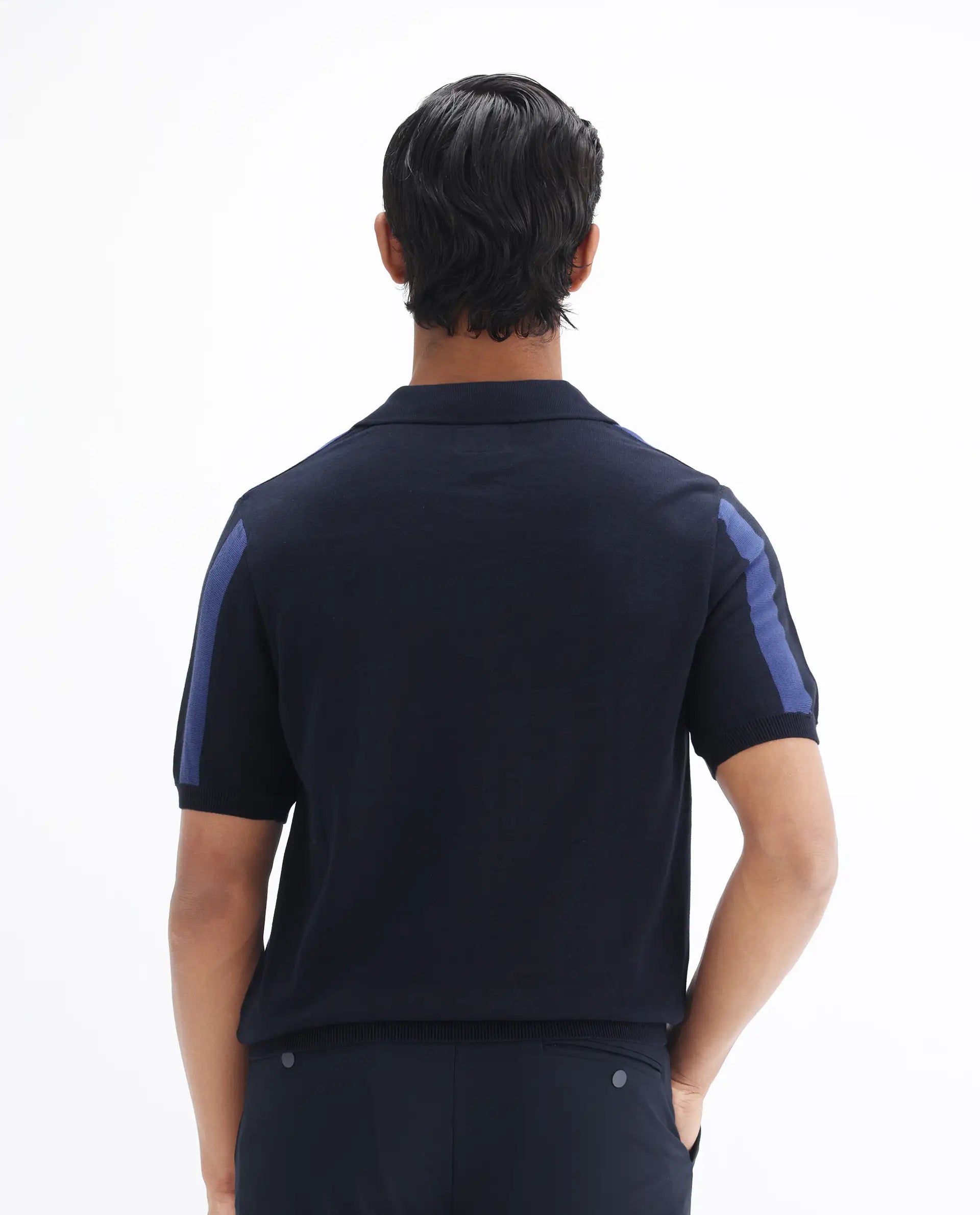 Rare Rabbit Men's Axton Navy Cotton Striped Print Regular Fit Half Sleeve Polo