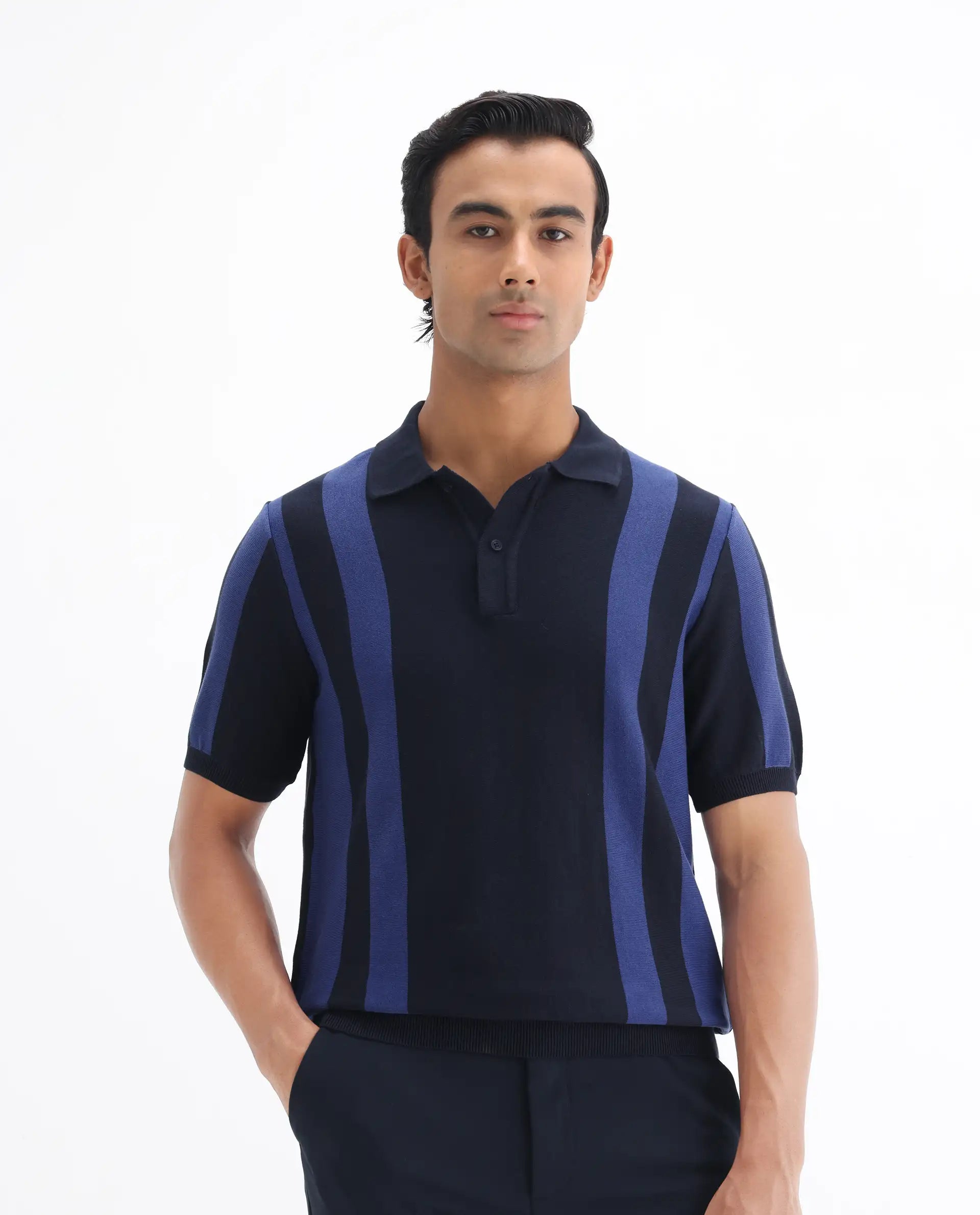 Rare Rabbit Men's Axton Navy Cotton Striped Print Regular Fit Half Sleeve Polo