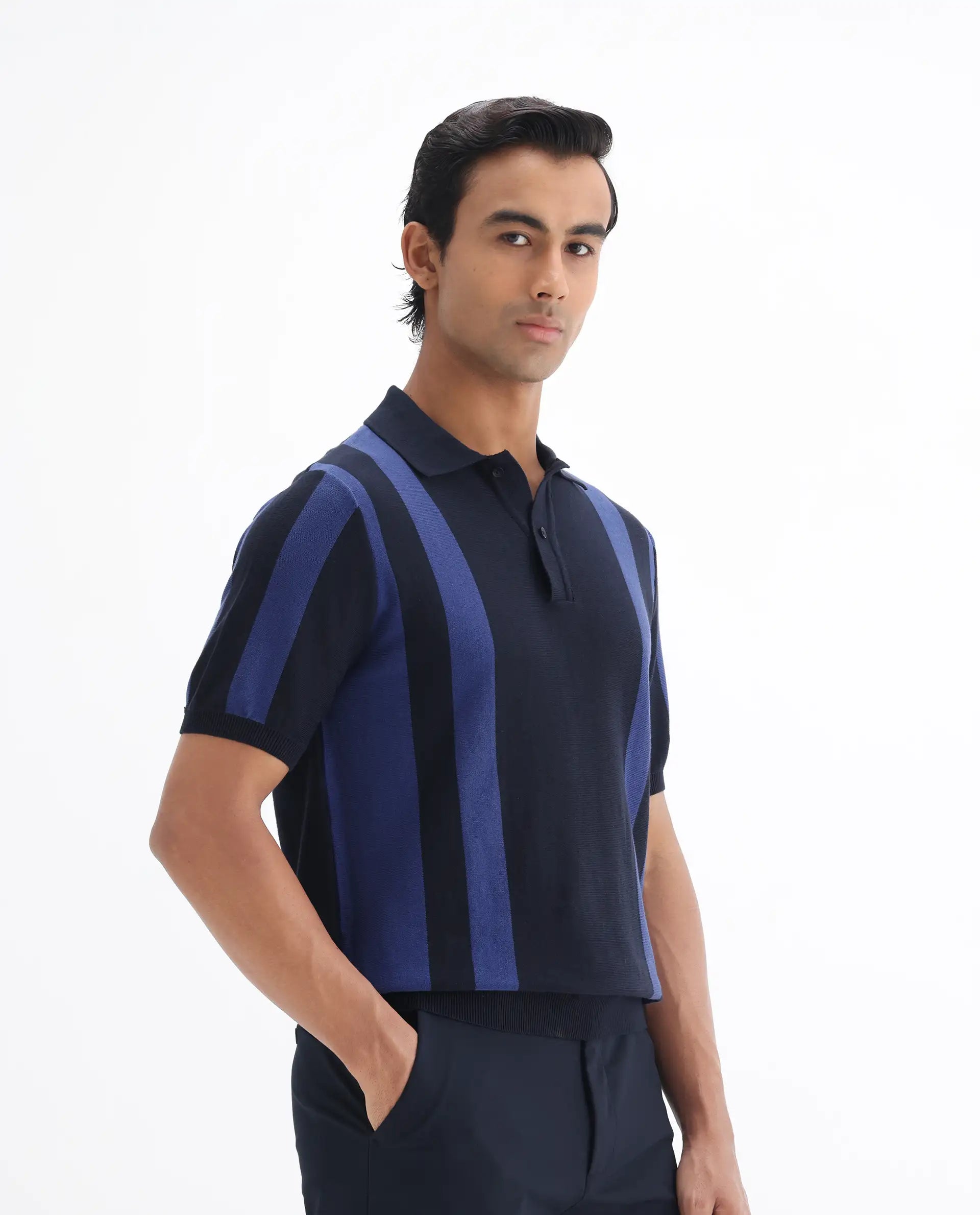 Rare Rabbit Men's Axton Navy Cotton Striped Print Regular Fit Half Sleeve Polo