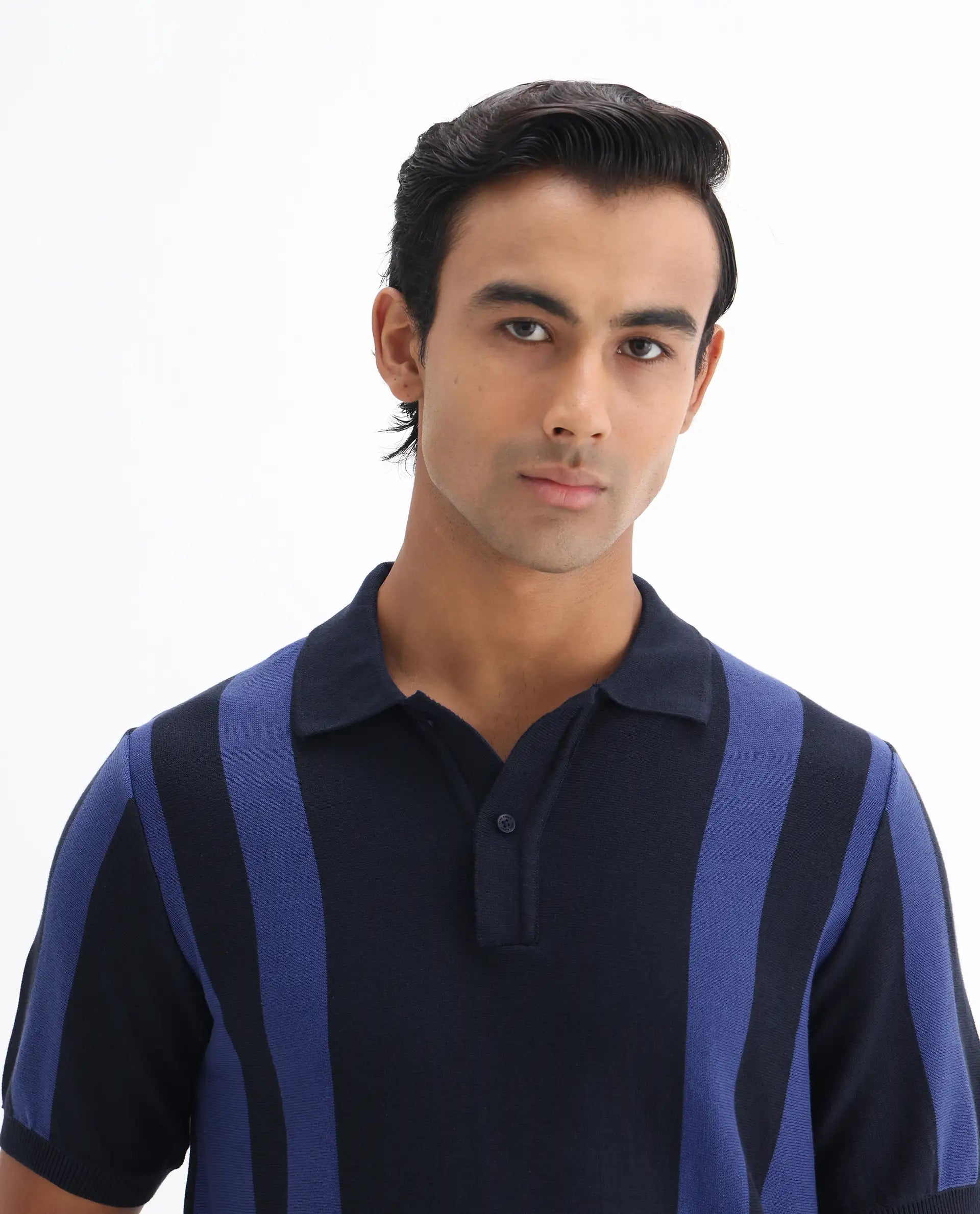 Rare Rabbit Men's Axton Navy Cotton Striped Print Regular Fit Half Sleeve Polo