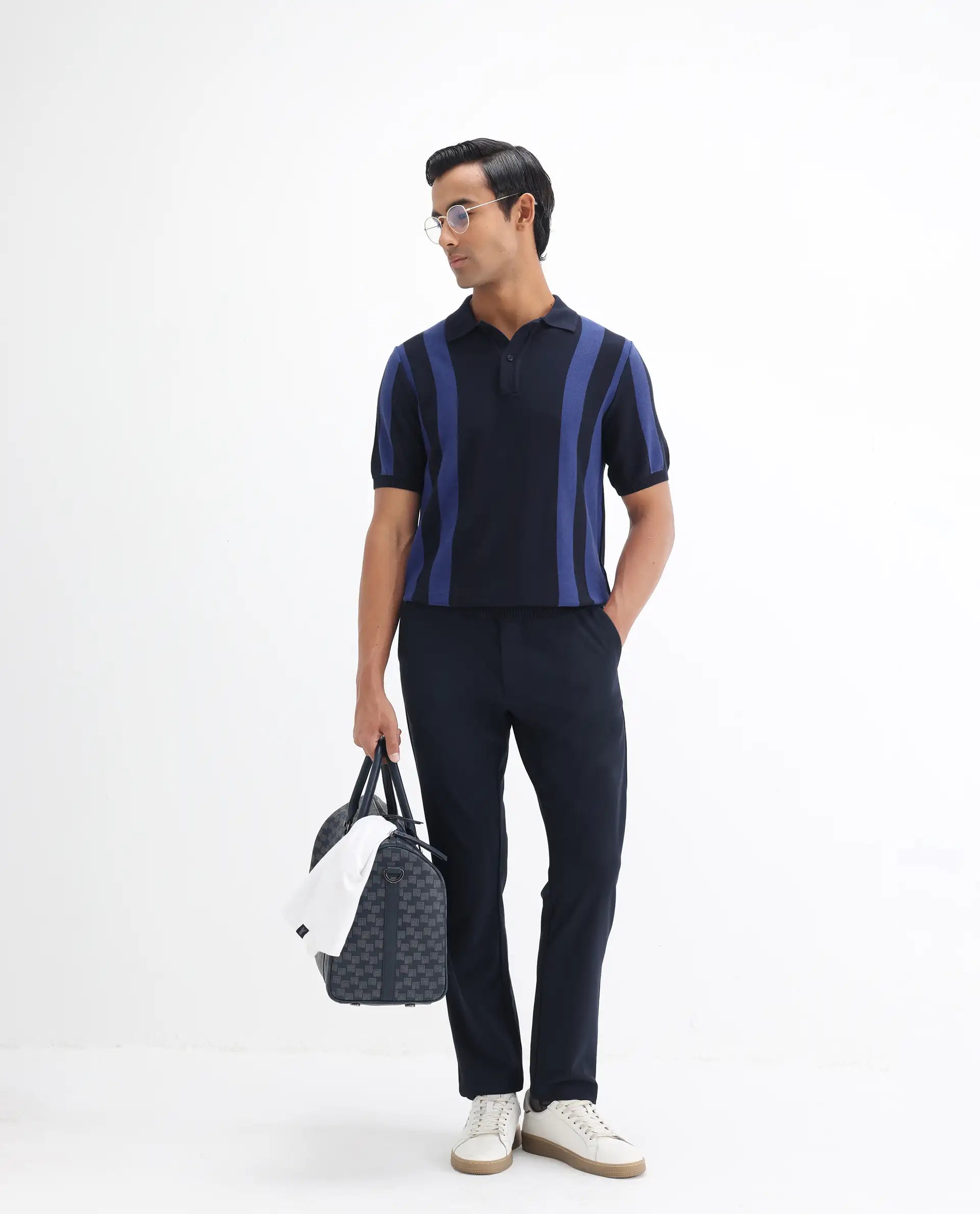 Rare Rabbit Men's Axton Navy Cotton Striped Print Regular Fit Half Sleeve Polo