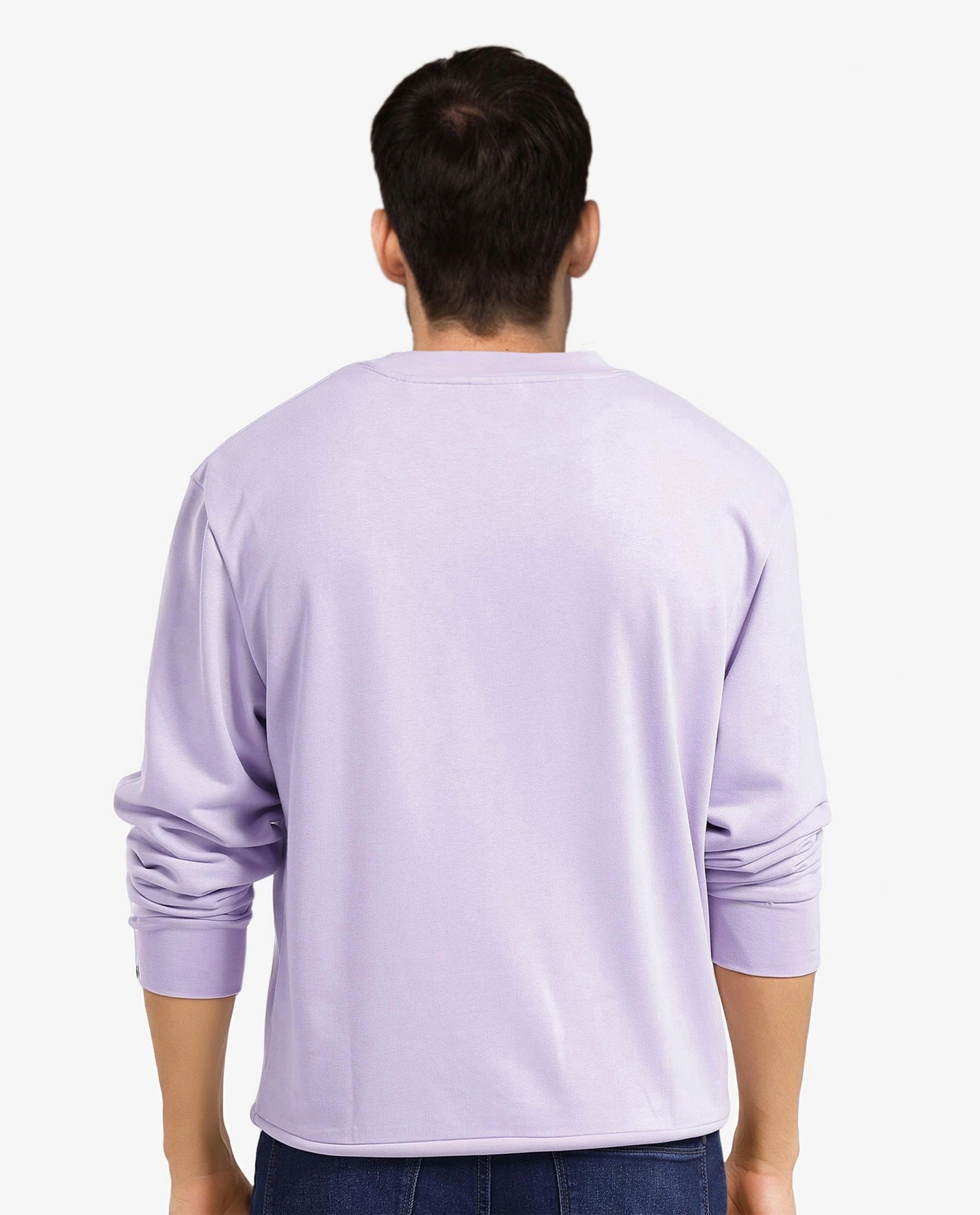 Rare Rabbit Men's Axton Pastel Purple Cotton Blend Fabric Full Sleeve Crew Neck Regular Fit HD Print Sweatshirt