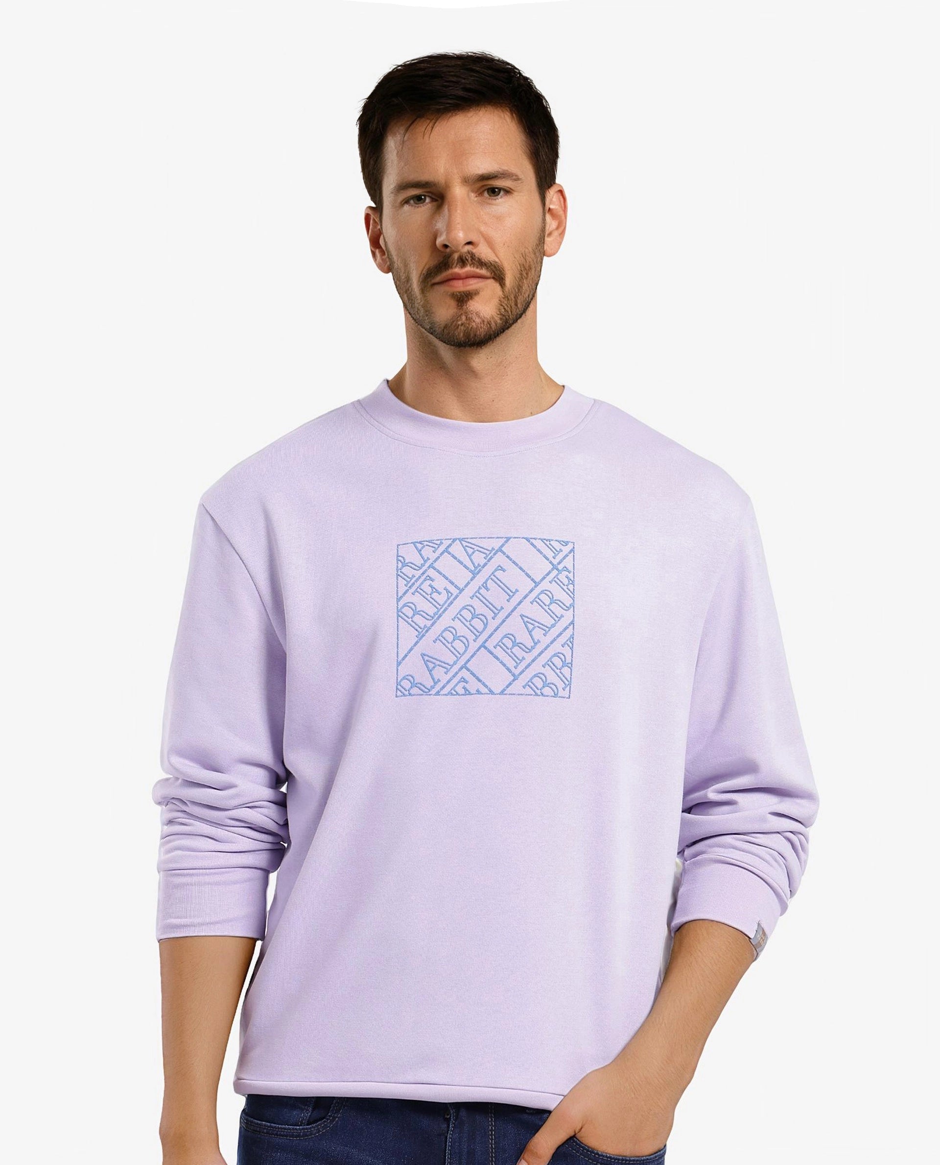 Rare Rabbit Men's Axton Pastel Purple Cotton Graphic Print Regular Fit Full Sleeve Crew Neck Sweatshirt