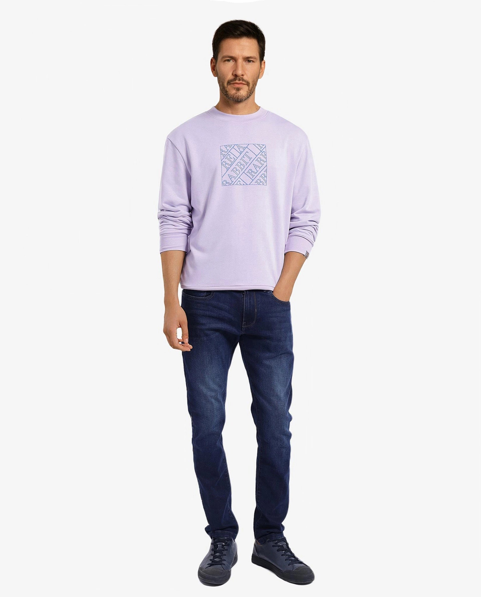 Rare Rabbit Men's Axton Pastel Purple Cotton Blend Fabric Full Sleeve Crew Neck Regular Fit HD Print Sweatshirt