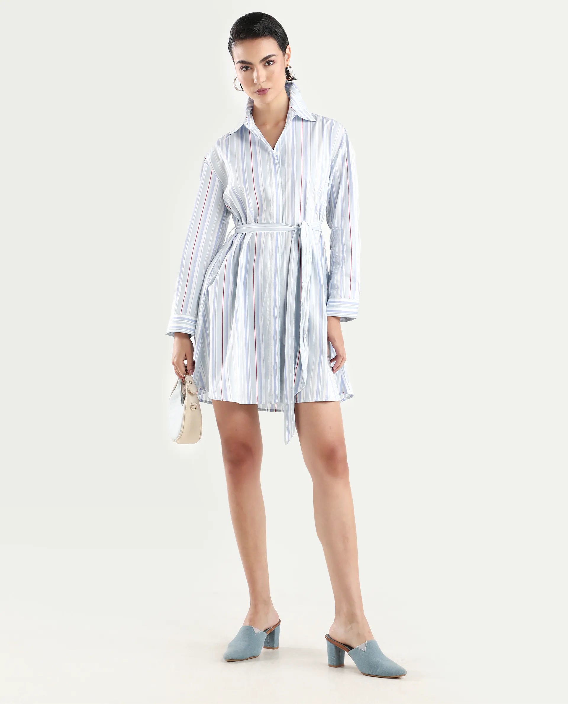 Rareism Women's Aydal Light Drop Collar Striped Cuffed Sleeve Mini Regular Fit Dress