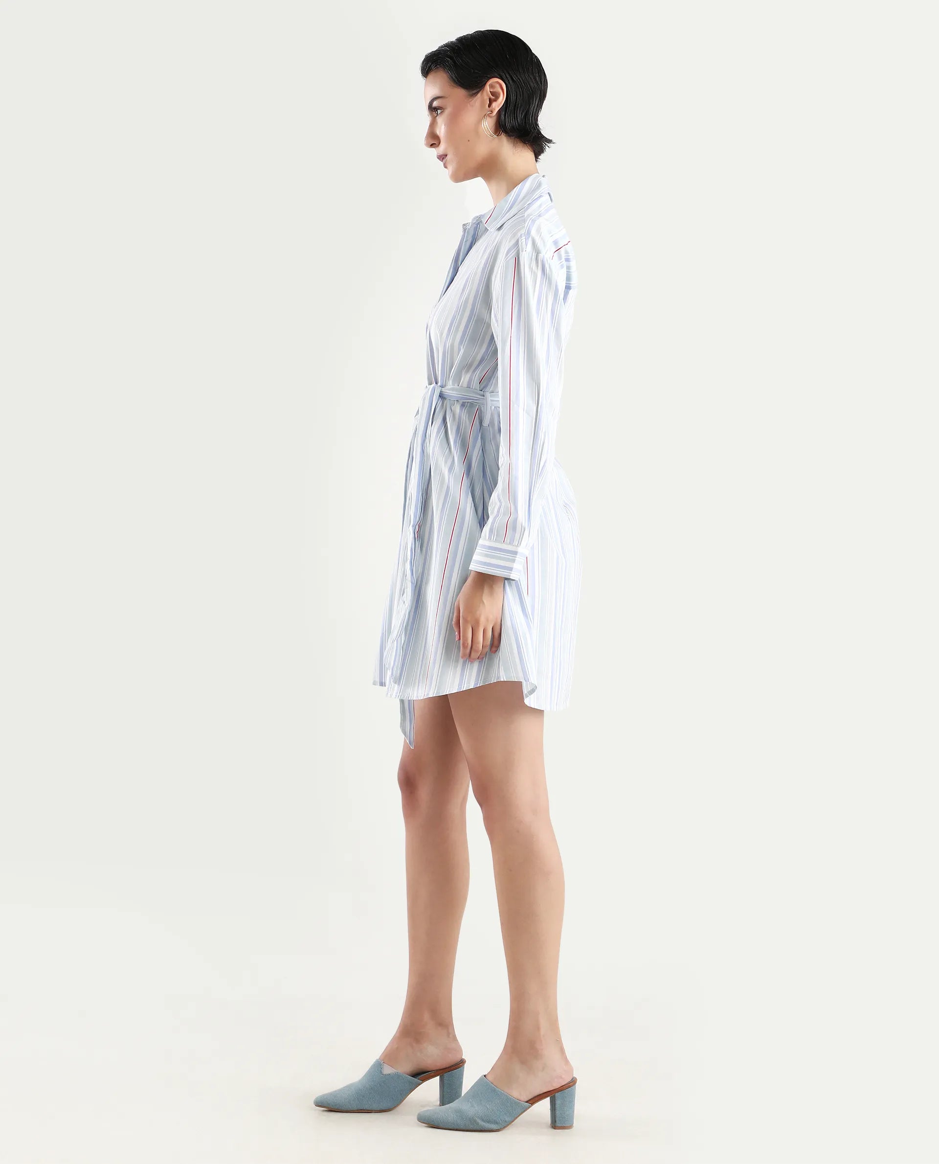 Rareism Women's Aydal Light Drop Collar Striped Cuffed Sleeve Mini Regular Fit Dress