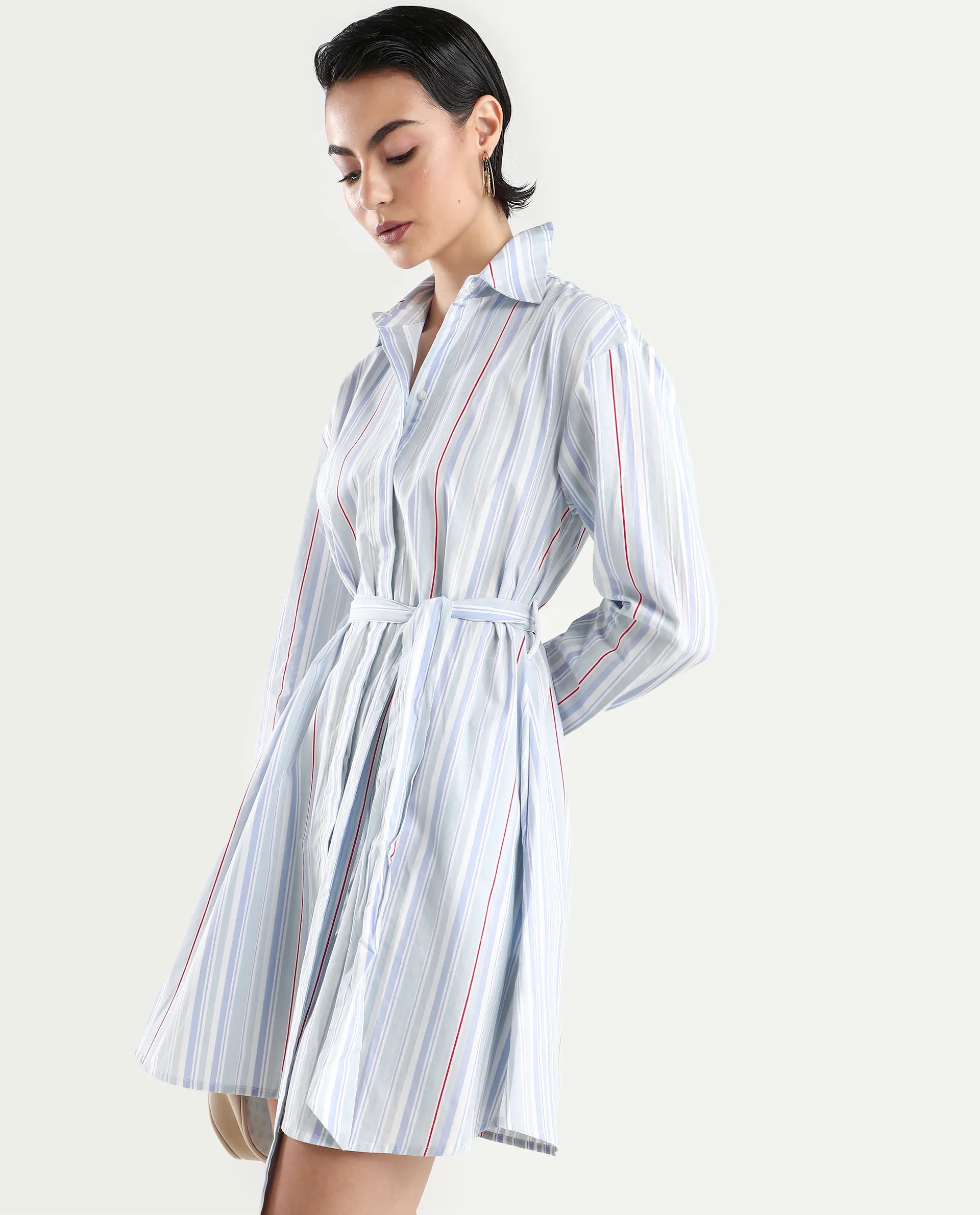 Rareism Women's Aydal Light Drop Collar Striped Cuffed Sleeve Mini Regular Fit Dress