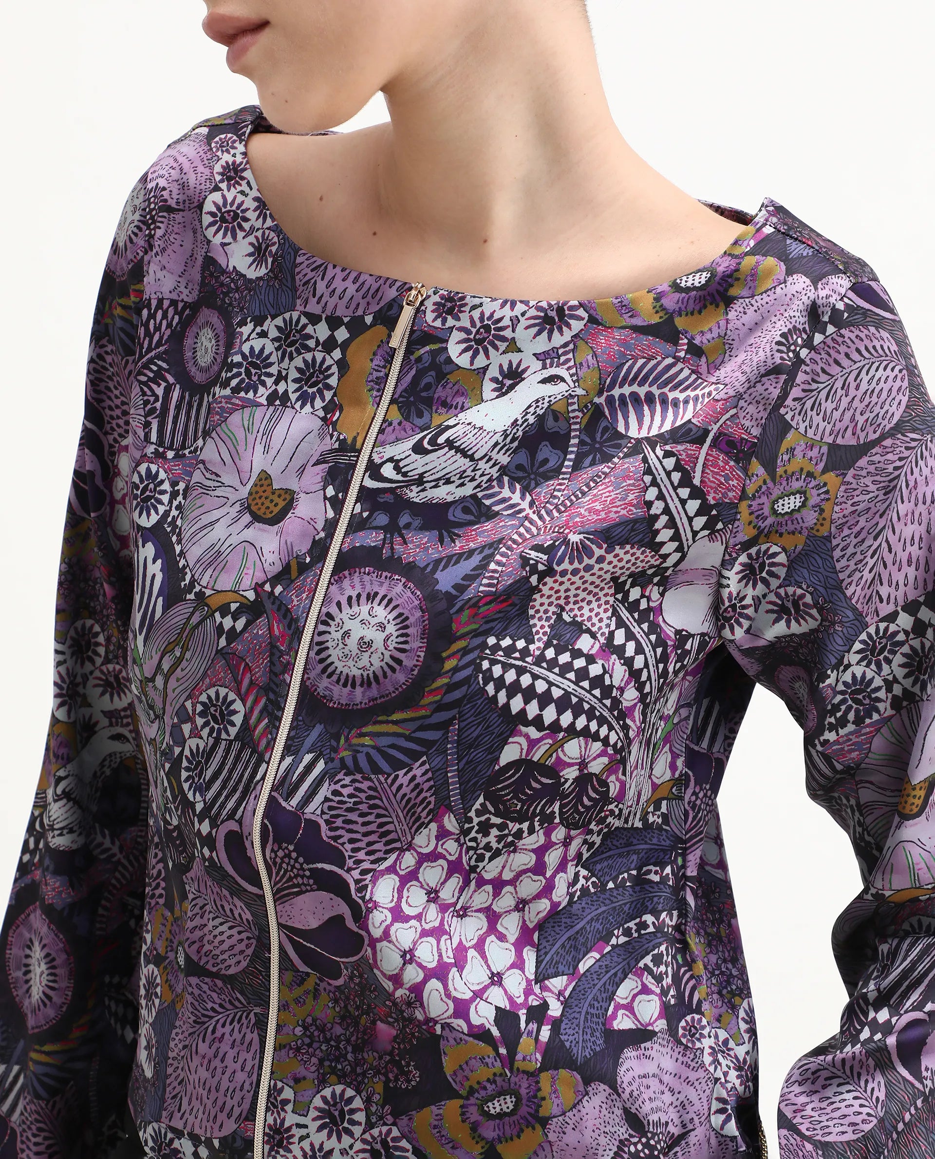 Rareism Women's Aydin Multi Satin Crew Neck Abstract Print Crop Regular Fit Top