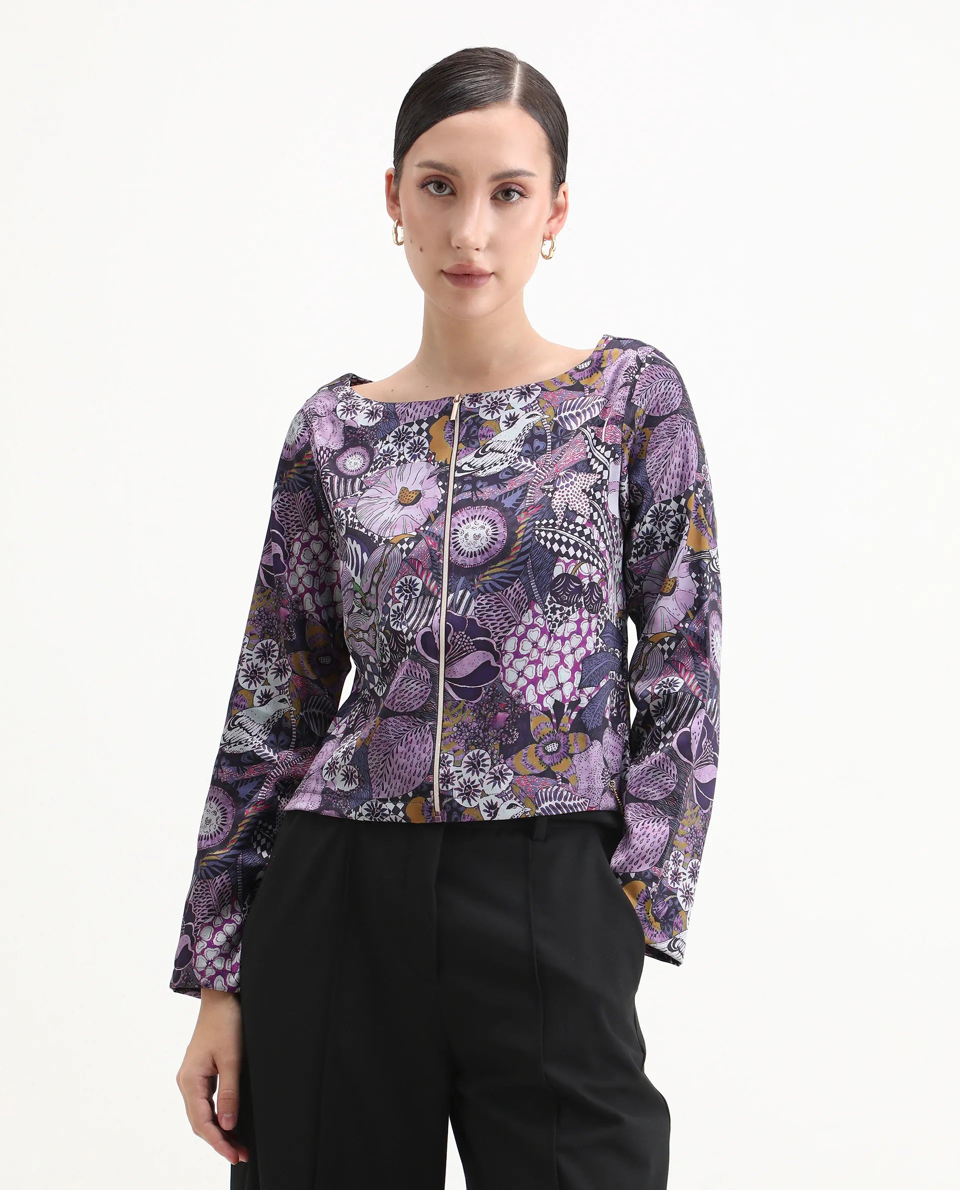 Rareism Women's Aydin Multi Satin Crew Neck Abstract Print Crop Regular Fit Top