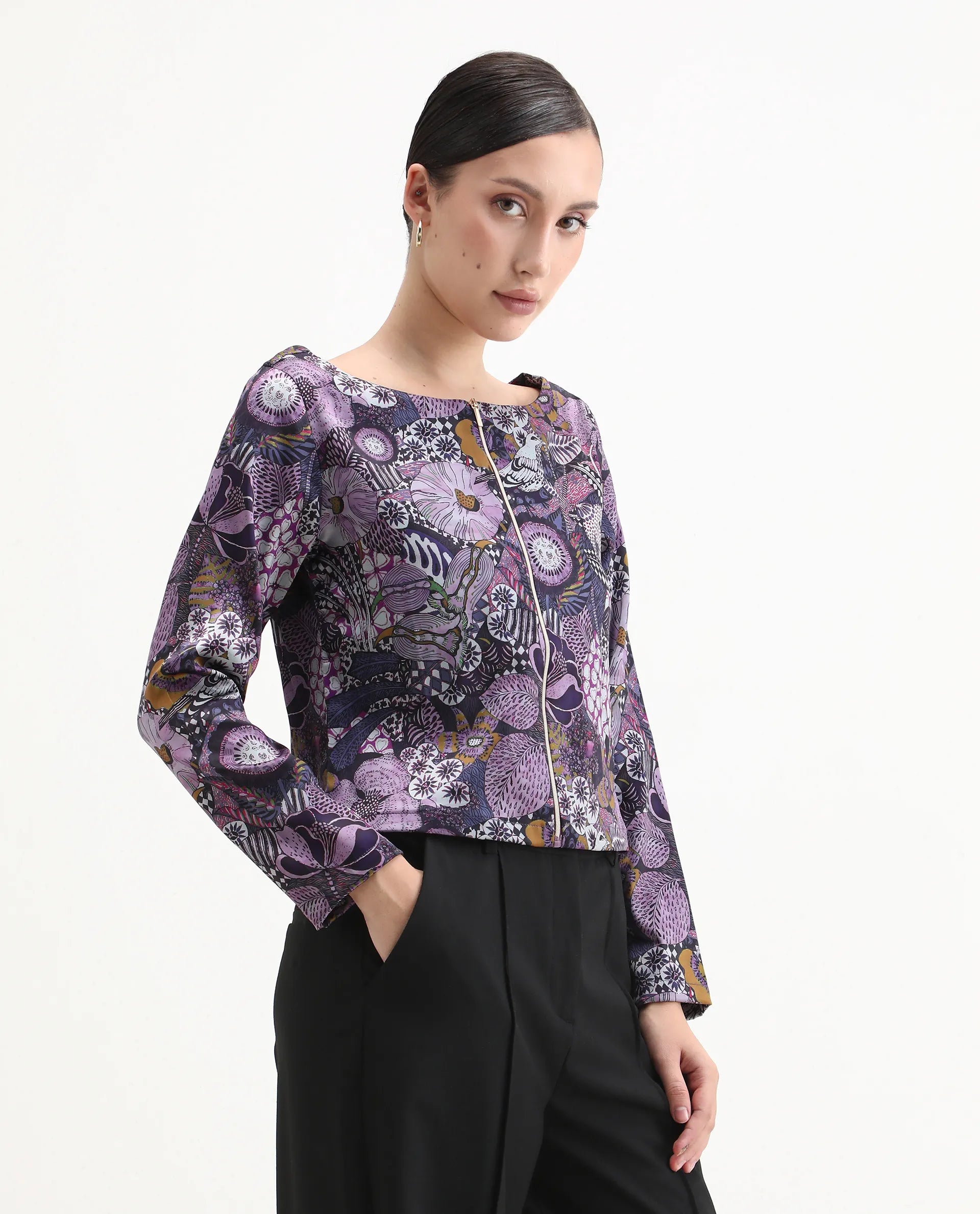 Rareism Women's Aydin Multi Satin Crew Neck Abstract Print Crop Regular Fit Top