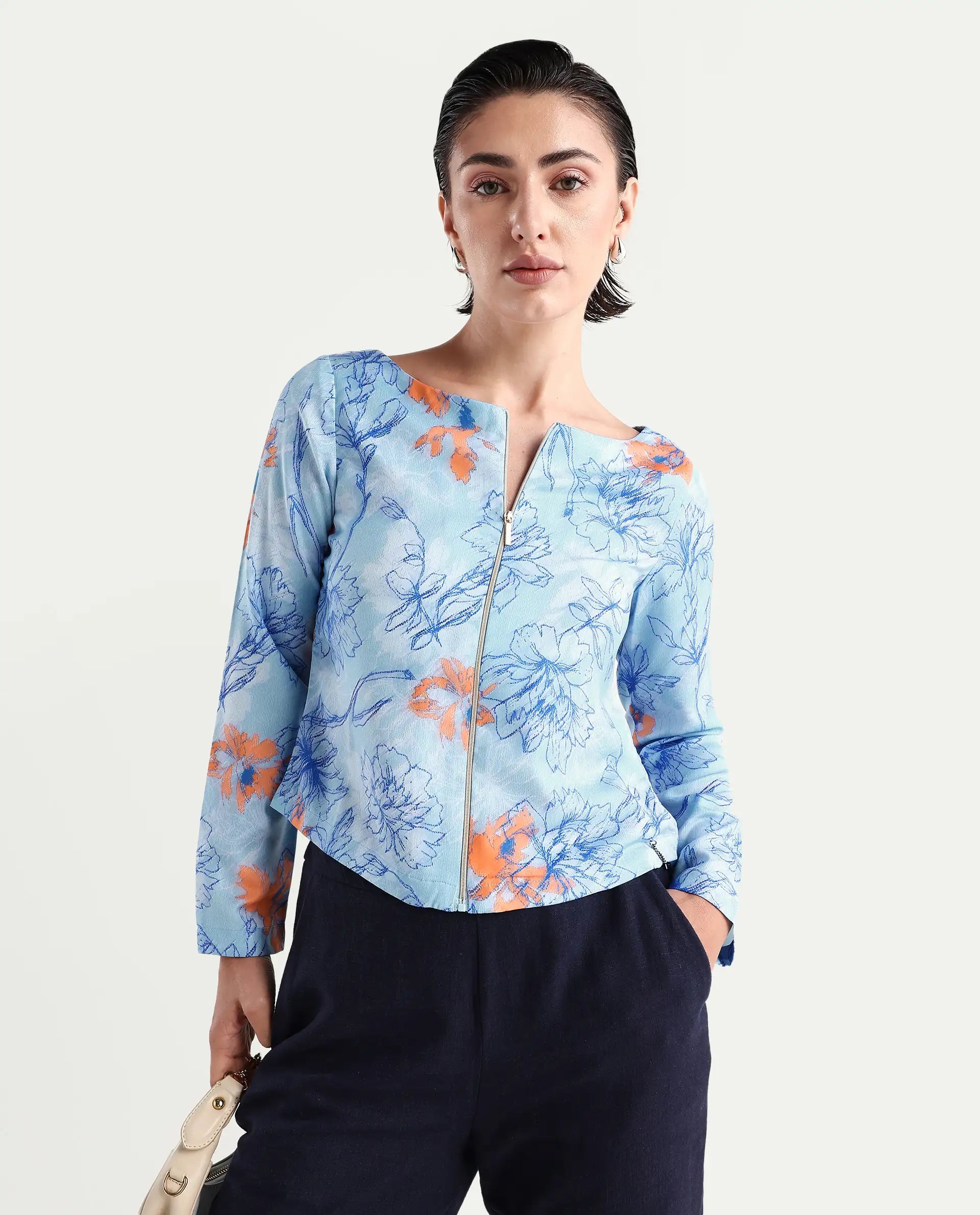 Rareism Women's Aydins Light Multi Satin Crew Neck Floral Print Crop Regular Fit Top