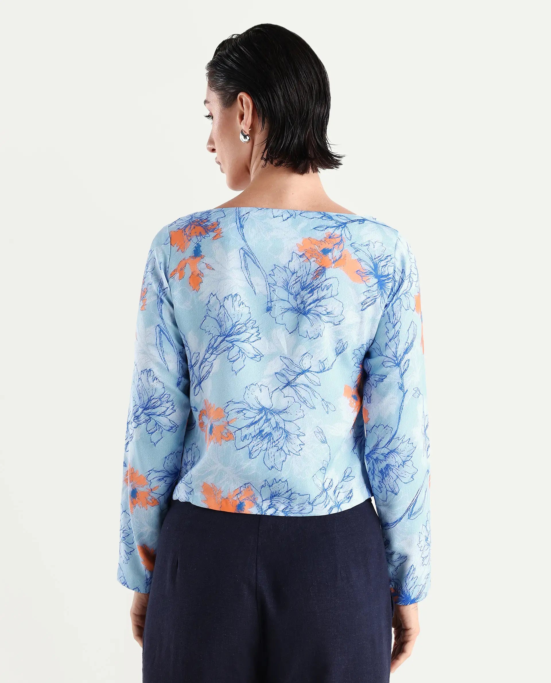 Rareism Women's Aydins Light Multi Satin Crew Neck Floral Print Crop Regular Fit Top