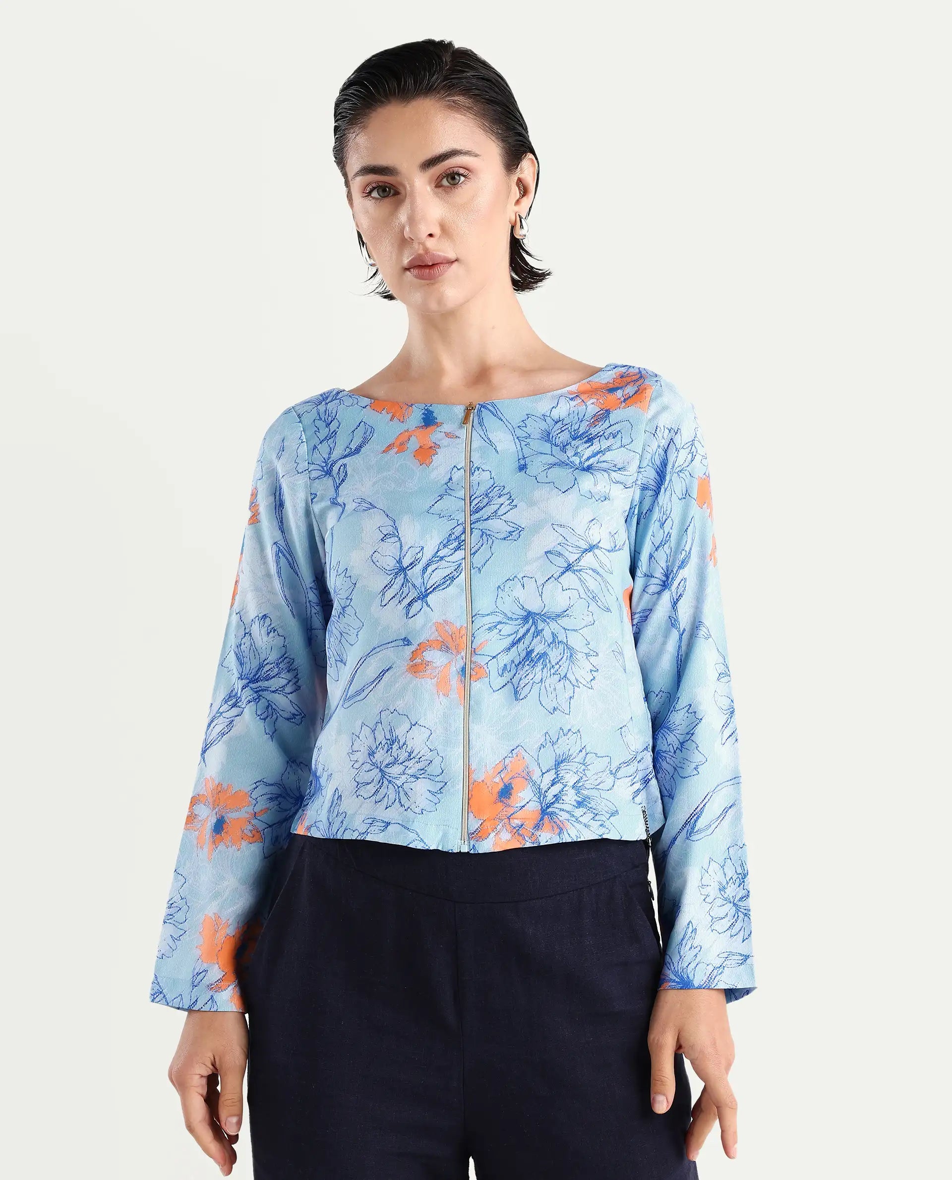 Rareism Women's Aydins Light Multi Satin Crew Neck Floral Print Crop Regular Fit Top