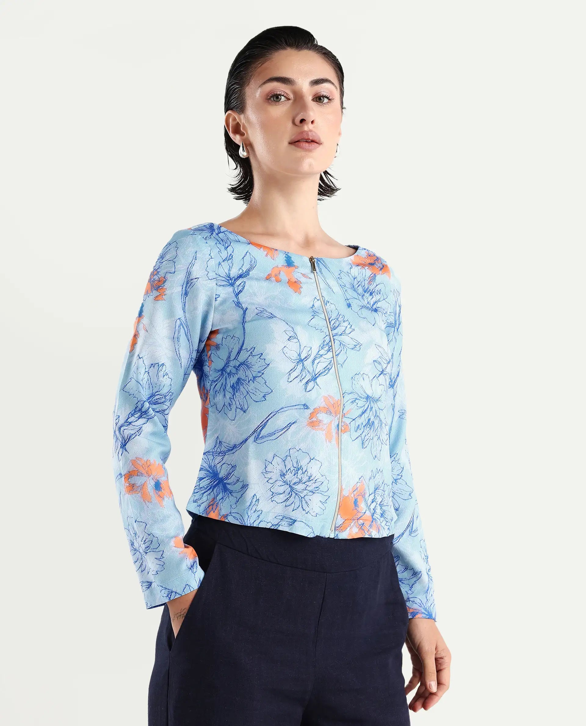 Rareism Women's Aydins Light Multi Satin Crew Neck Floral Print Crop Regular Fit Top