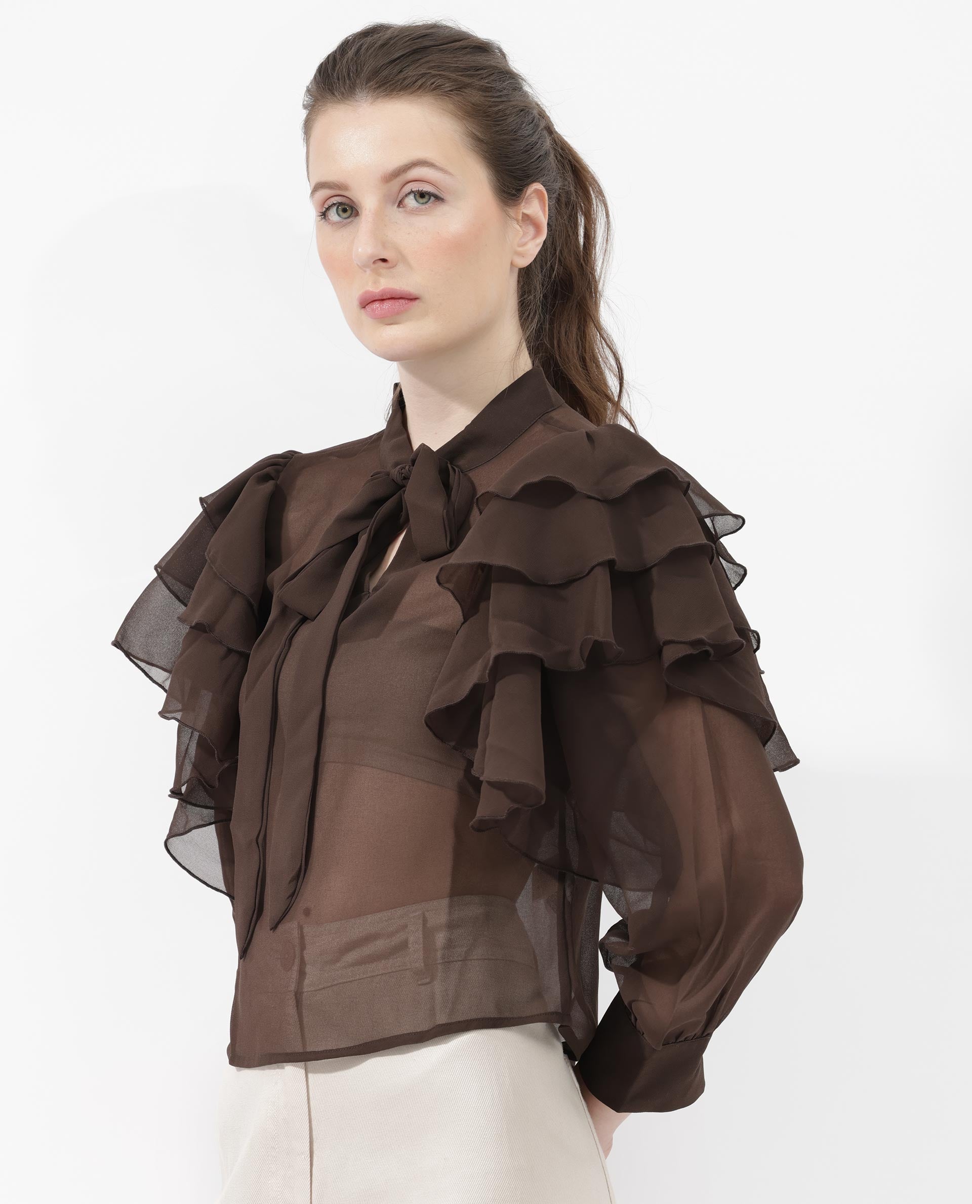 Rareism Womens Ayka Dark Brown Top Full Sleeve Hip Length Dyed