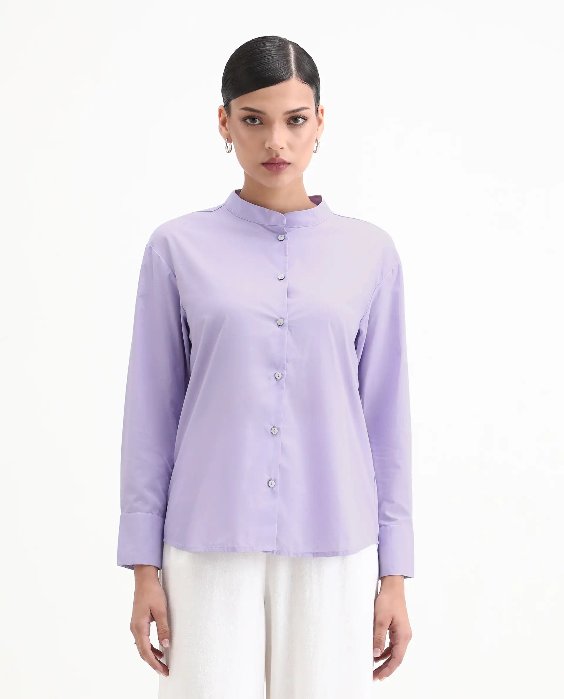 Rareism Women's Aytac Light Purple Cotton Mandarin Collar Plain Cuffed Sleeve Regular Fit Top