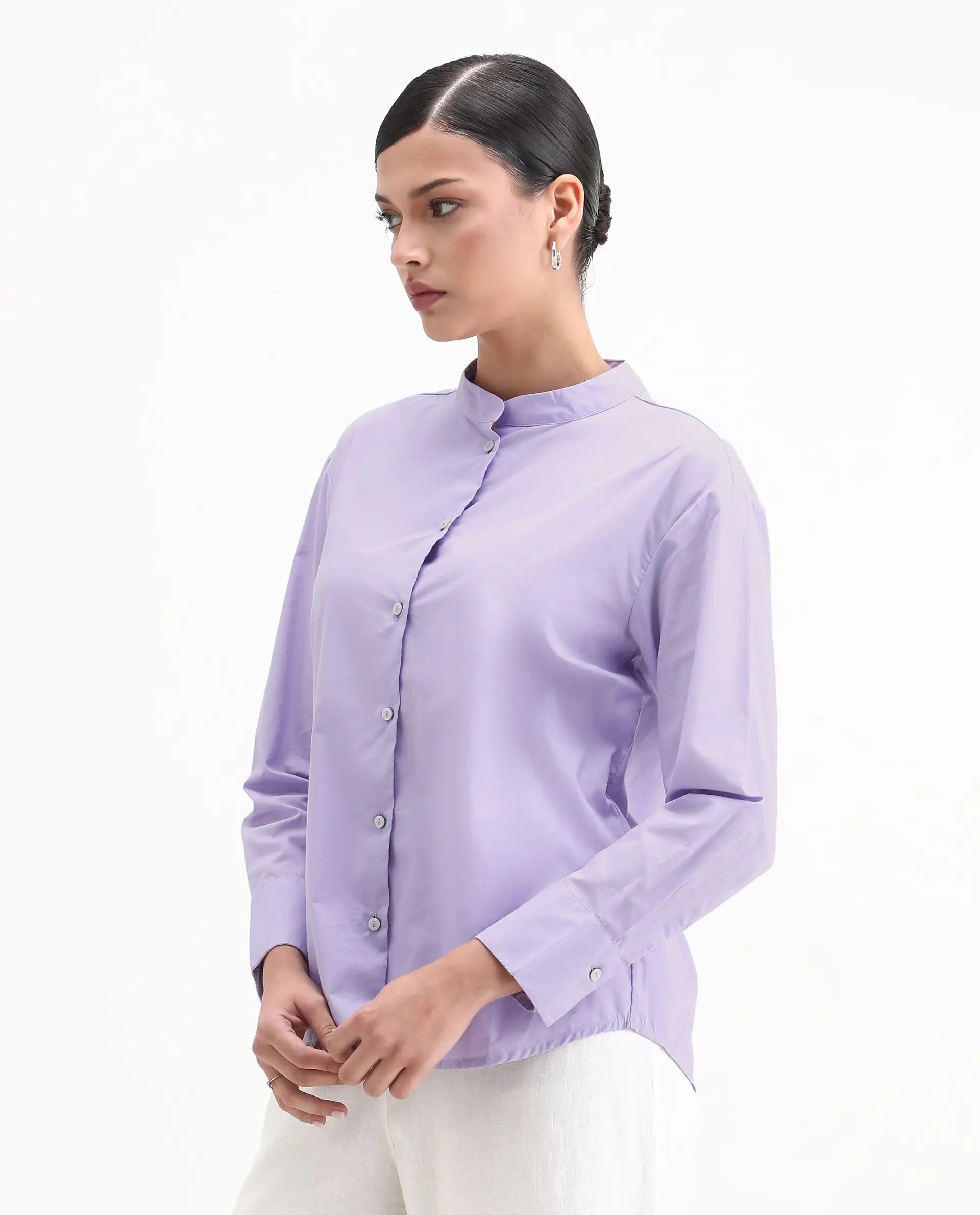 Rareism Women's Aytac Light Purple Cotton Mandarin Collar Plain Cuffed Sleeve Regular Fit Top