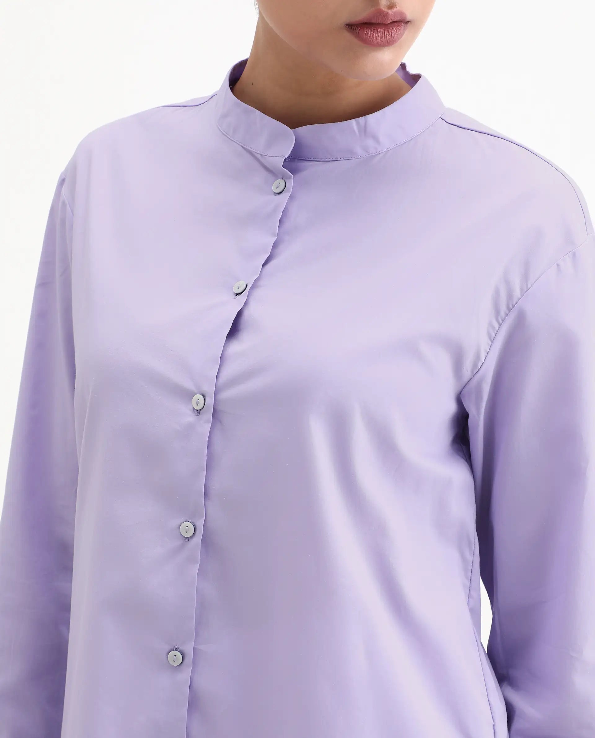 Rareism Women's Aytac Light Purple Cotton Mandarin Collar Plain Cuffed Sleeve Regular Fit Top