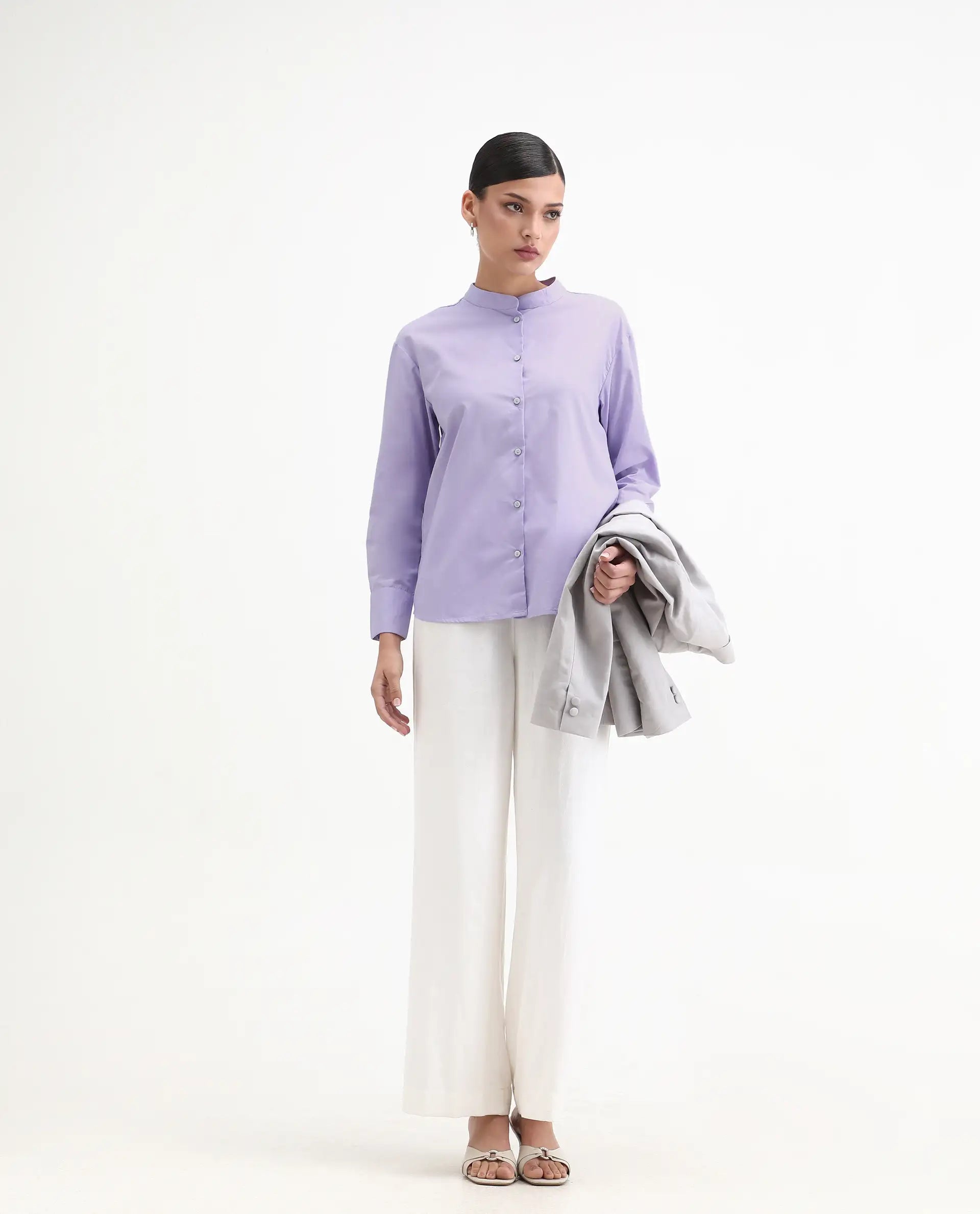Rareism Women's Aytac Light Purple Cotton Mandarin Collar Plain Cuffed Sleeve Regular Fit Top