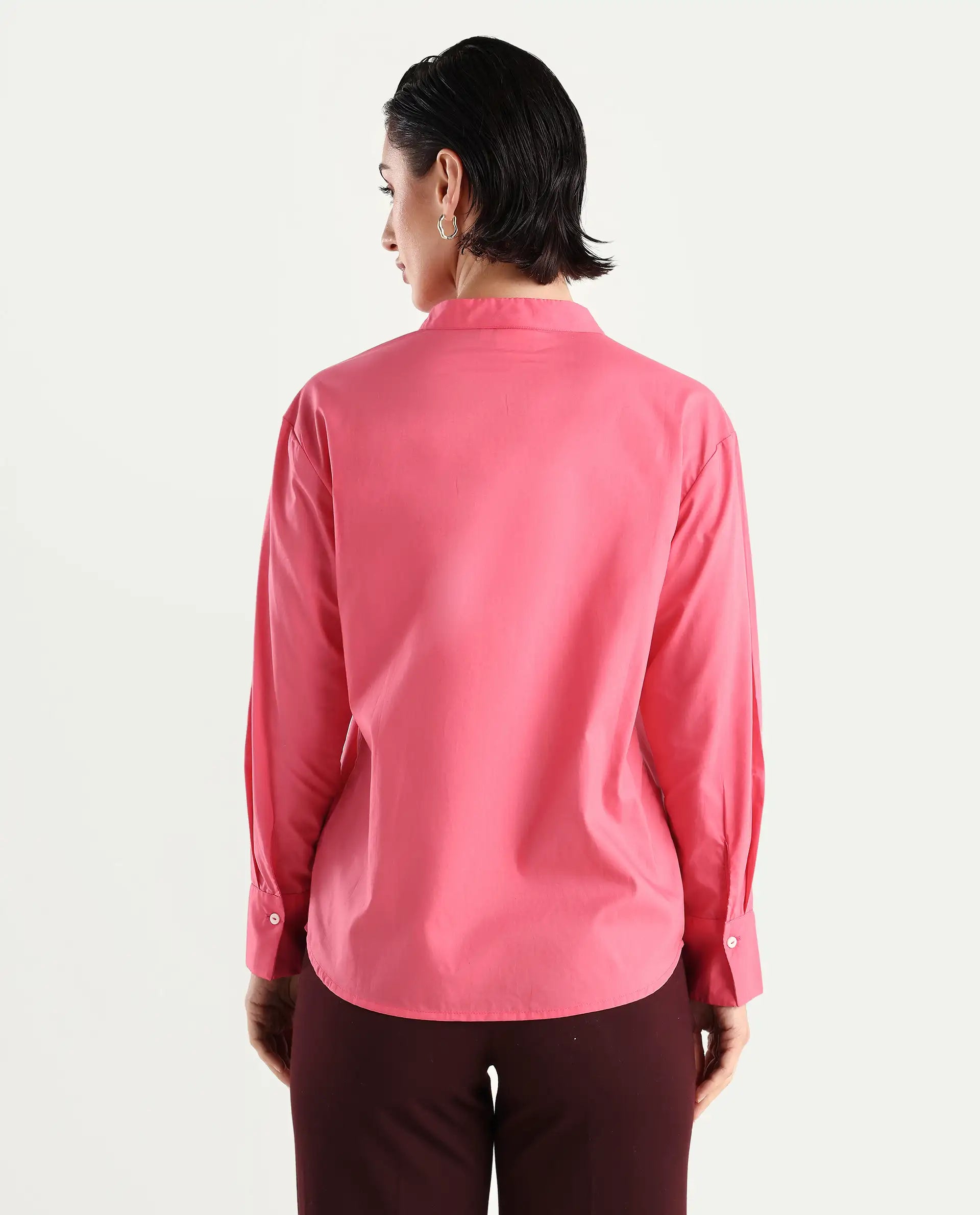 Rareism Women's Aytac Light Pink Mandarin Collar Plain Cuffed Sleeve Regular Fit Top