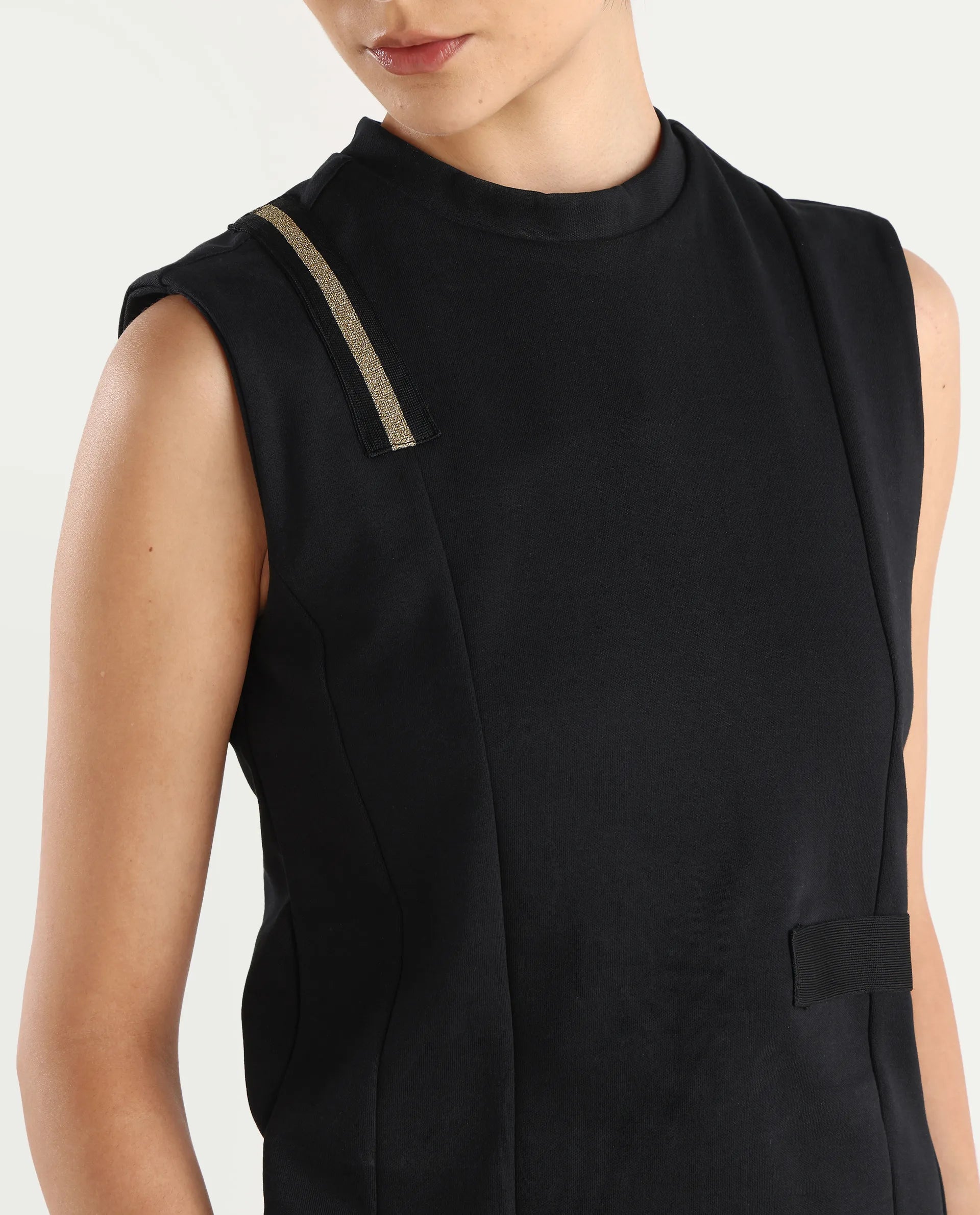 Rareism Women's Aytat Black Cotton High Neck Plain Sleeveless Slim Fit Top