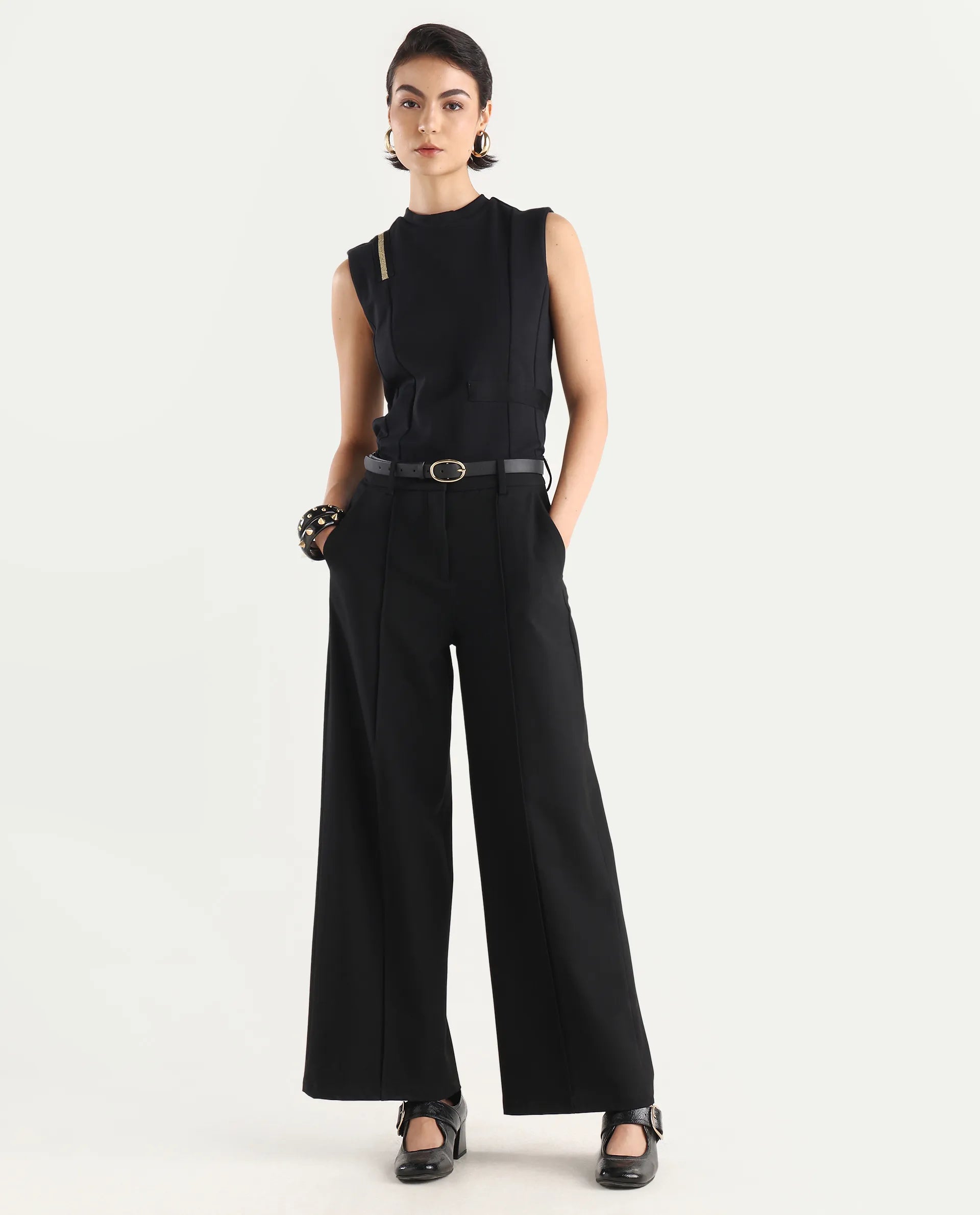 Rareism Women's Aytat Black Cotton High Neck Plain Sleeveless Slim Fit Top