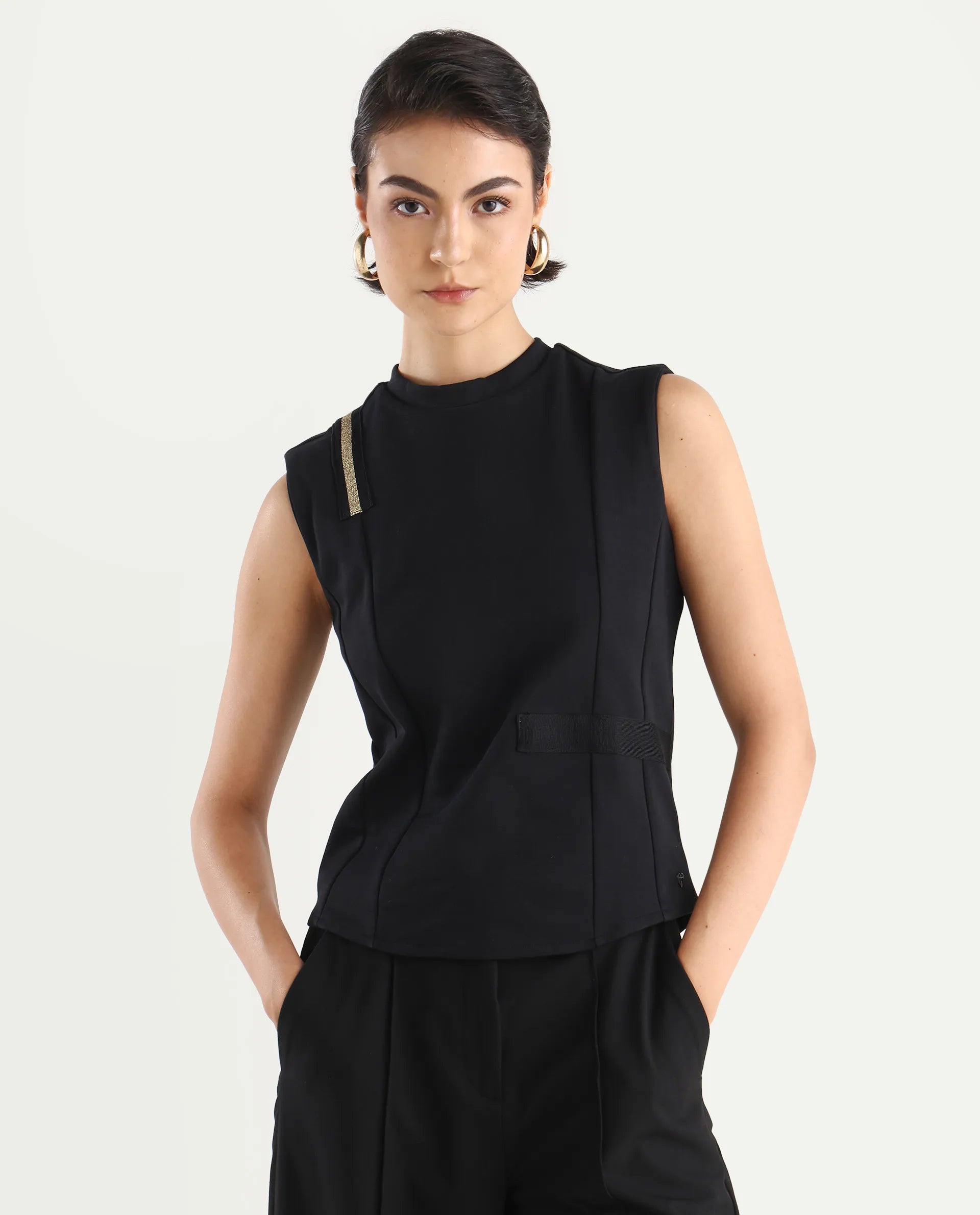 Rareism Women's Aytat Black Cotton High Neck Plain Sleeveless Slim Fit Top