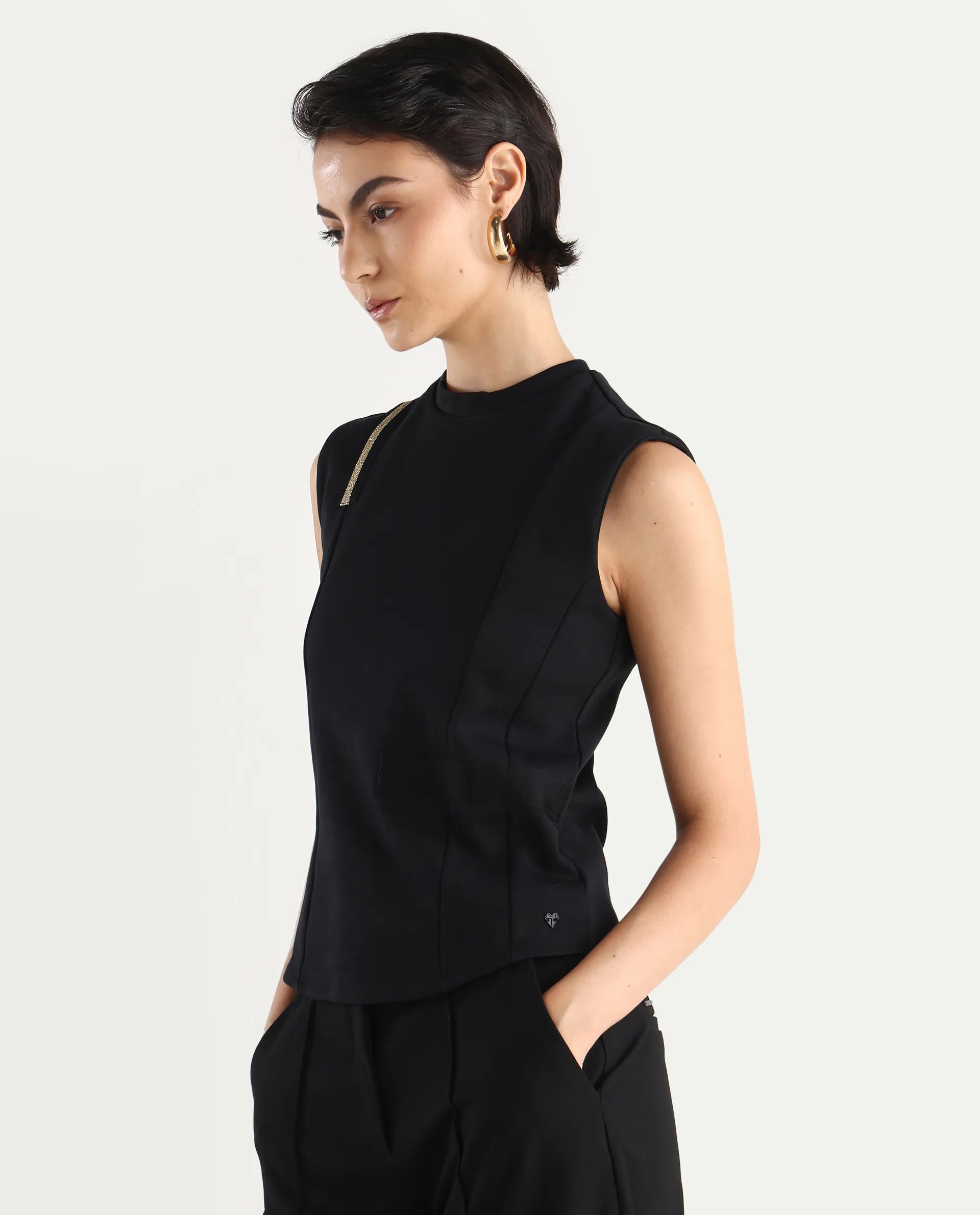 Rareism Women's Aytat Black Cotton High Neck Plain Sleeveless Slim Fit Top