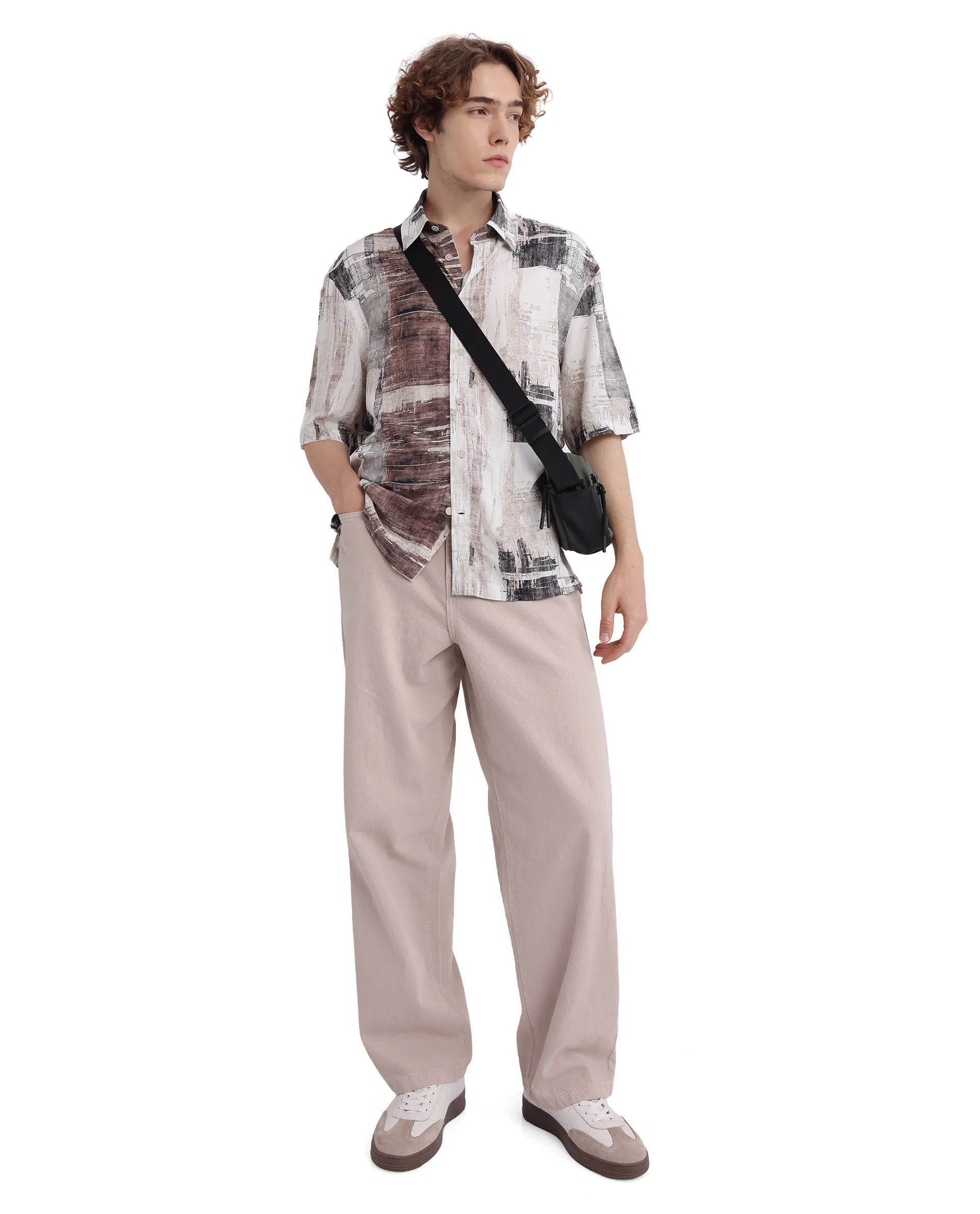 Rare Rabbit Men's Azah Dusky Beige Viscose Fabric Short Sleeve Button Closure Abstract Printed Shirt